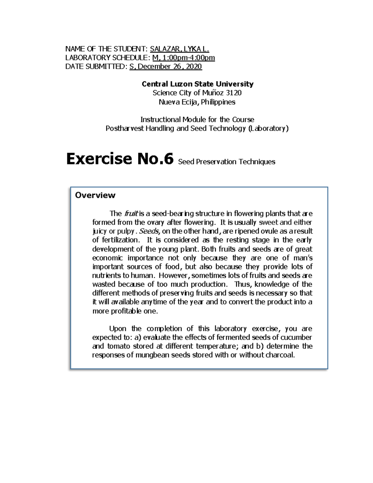 Exercise 6: Techniques in Seed Preservation for Postharvest Handling ...