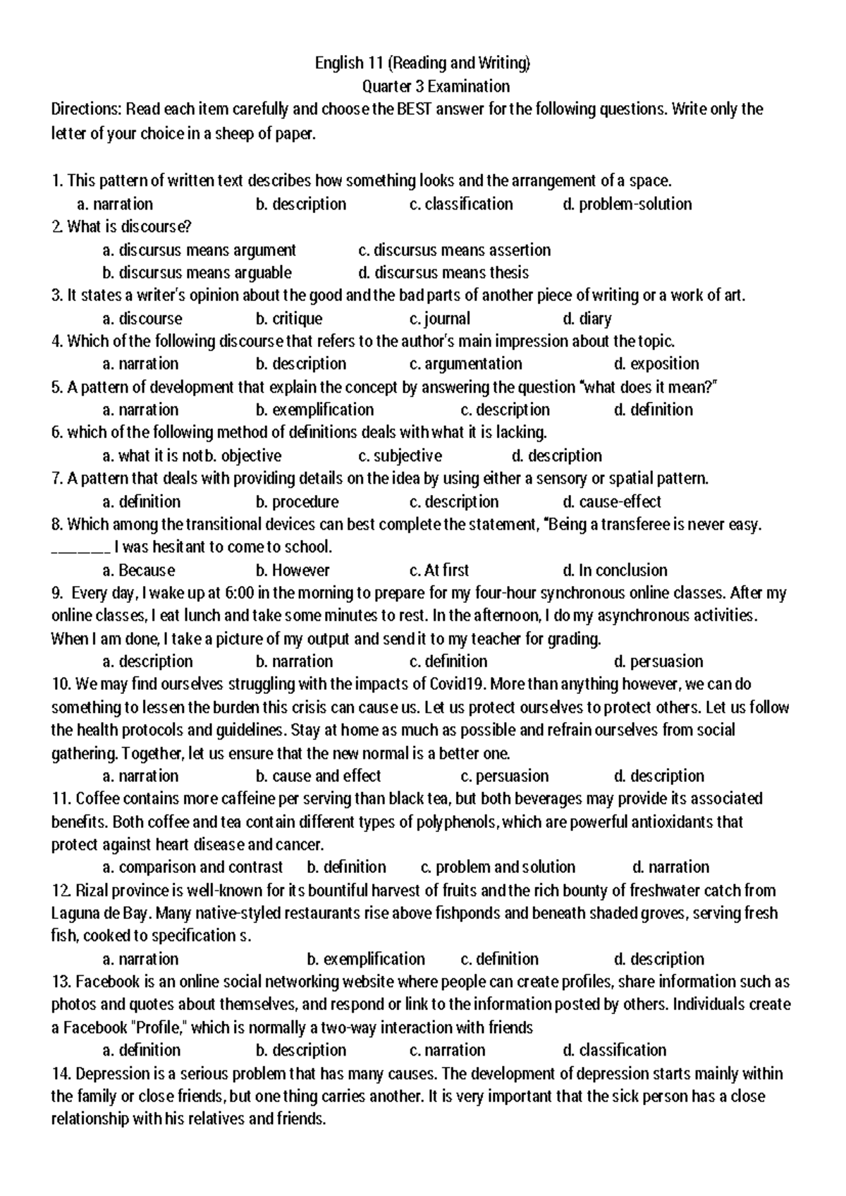 English 11 (Reading and Writing) Q3 Exam: Summative Assessment ...