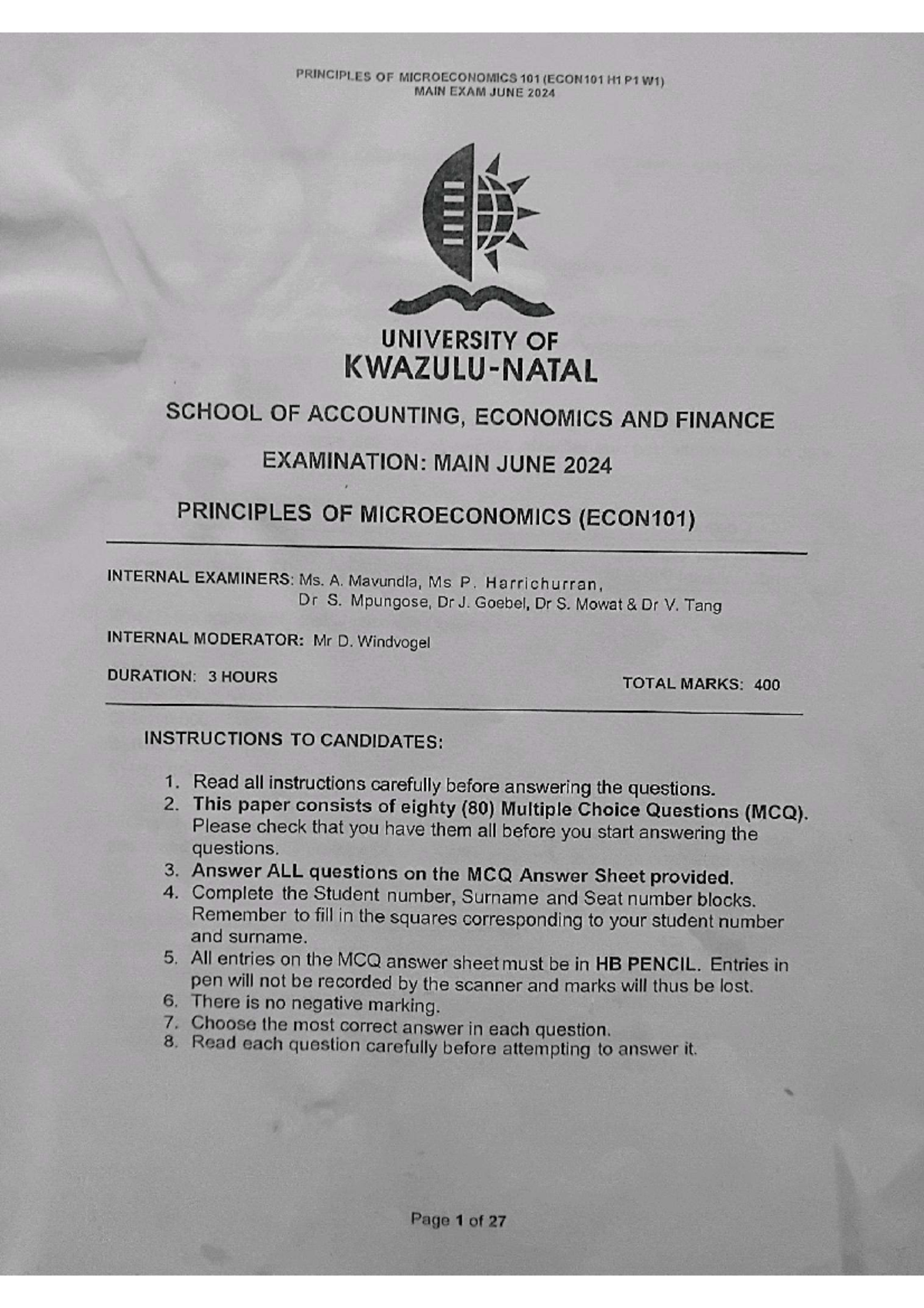 PRINCIPLES OF MICROECONOMICS 101 (ECON101 H1P1W1) MAIN EXAM JUNE 2024 ...