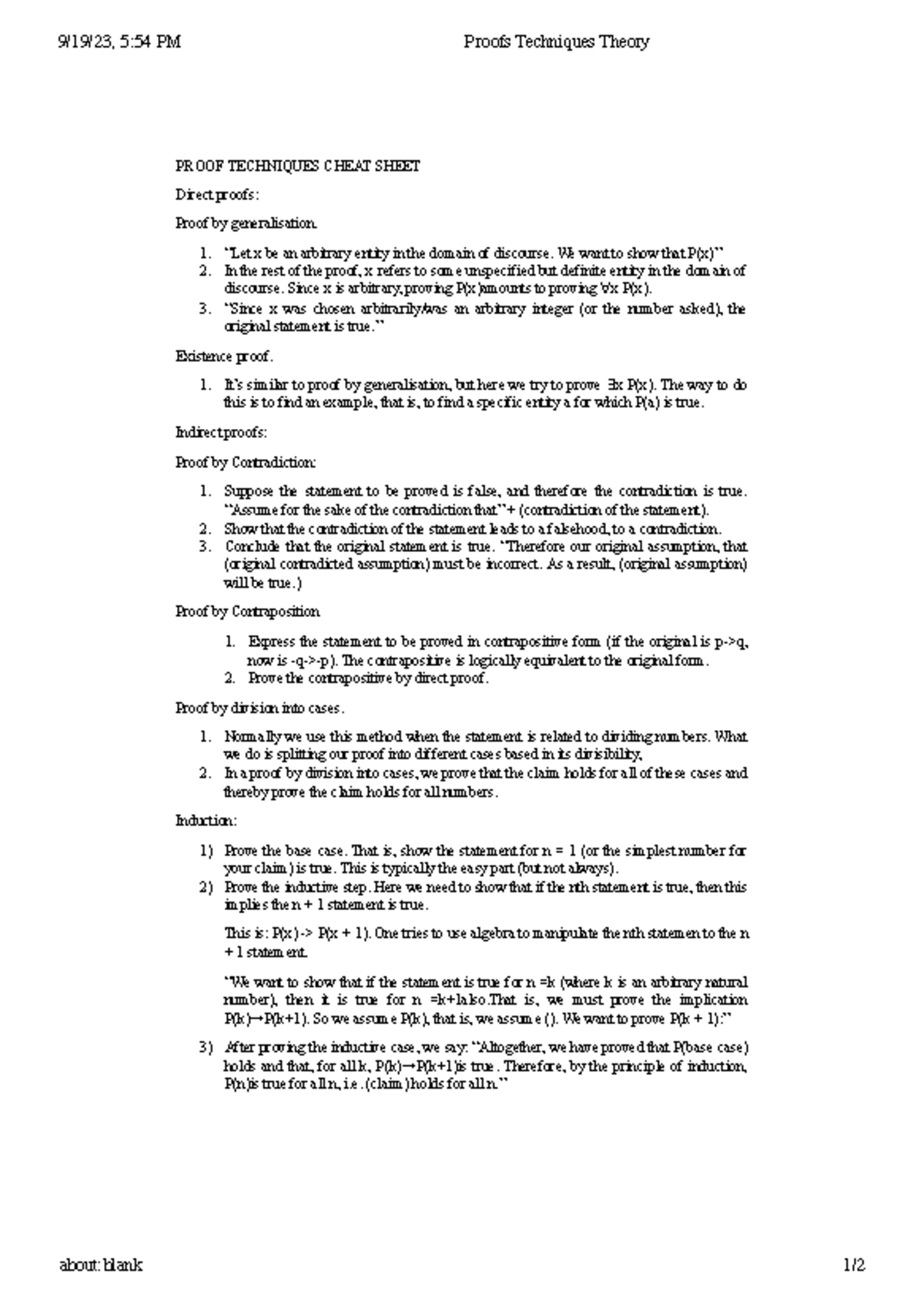 Proof Techniques Cheat Sheet for Theory Course - Studeersnel