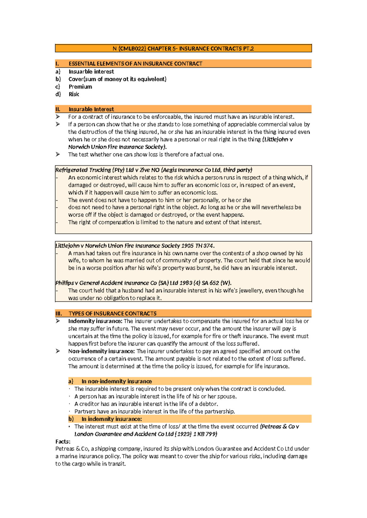 (CMLB022) Chapter 5: Essential Elements of Insurance Contracts - Studocu