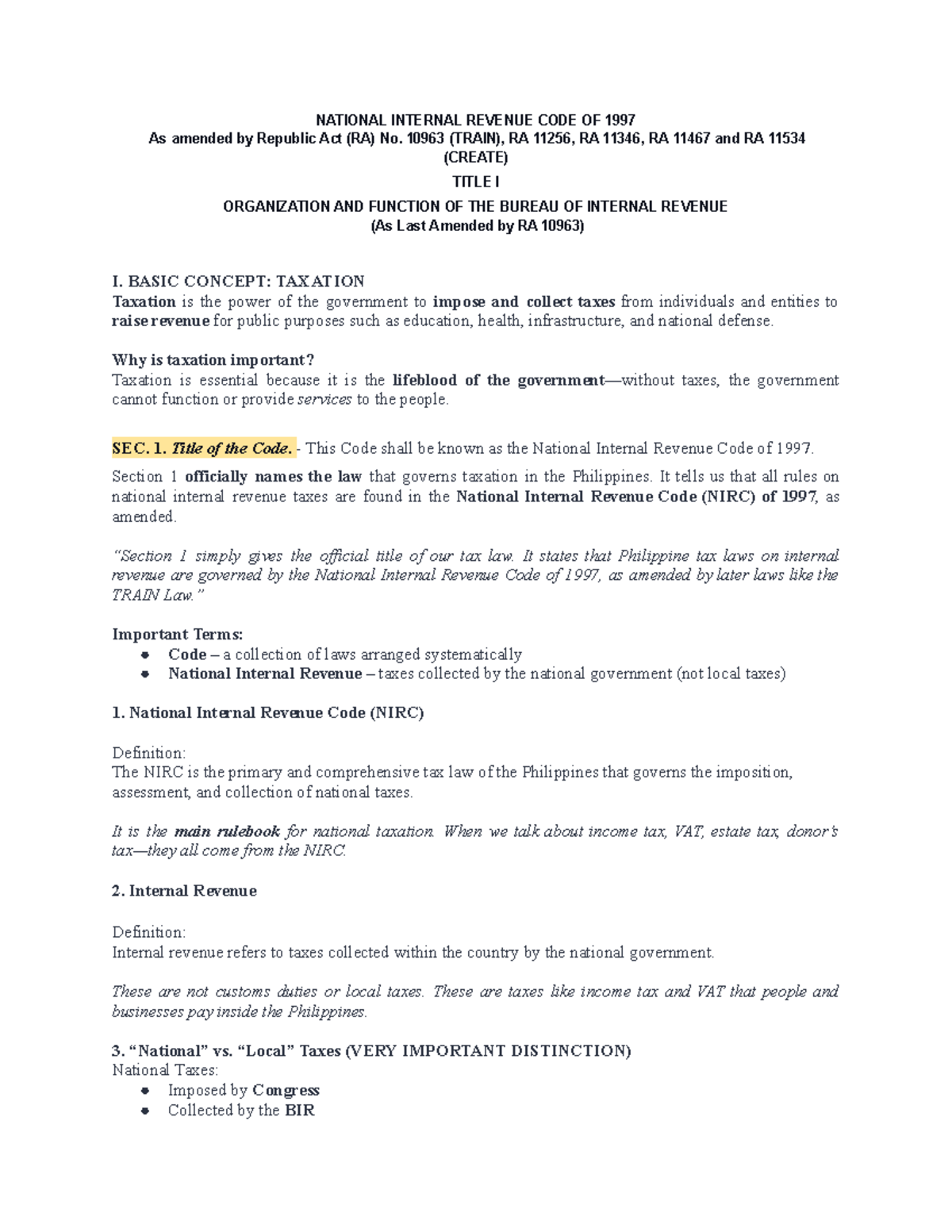 NIRC Taxation Overview: Key Concepts and BIR Functions (Tax Notes 2 ...