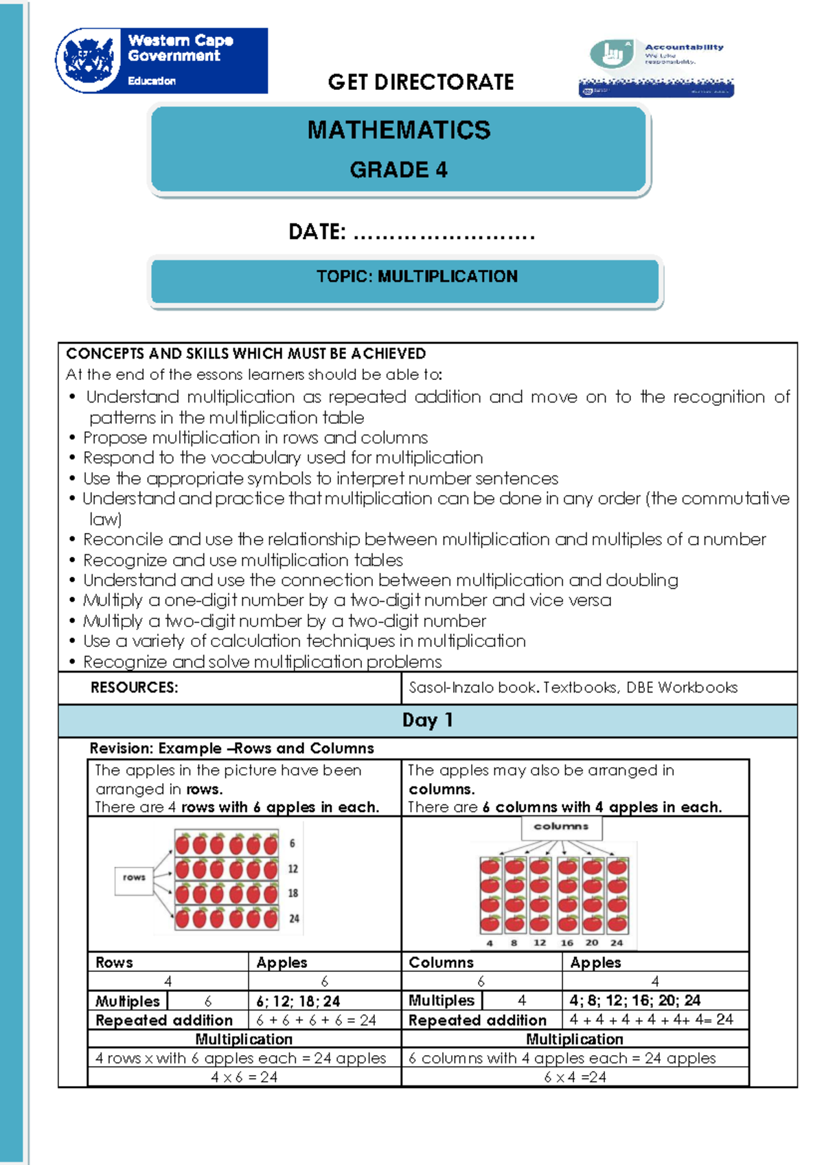 Lesson Plans Gr. 4 Mathematics Term 2: Multiplication Concepts - Studocu