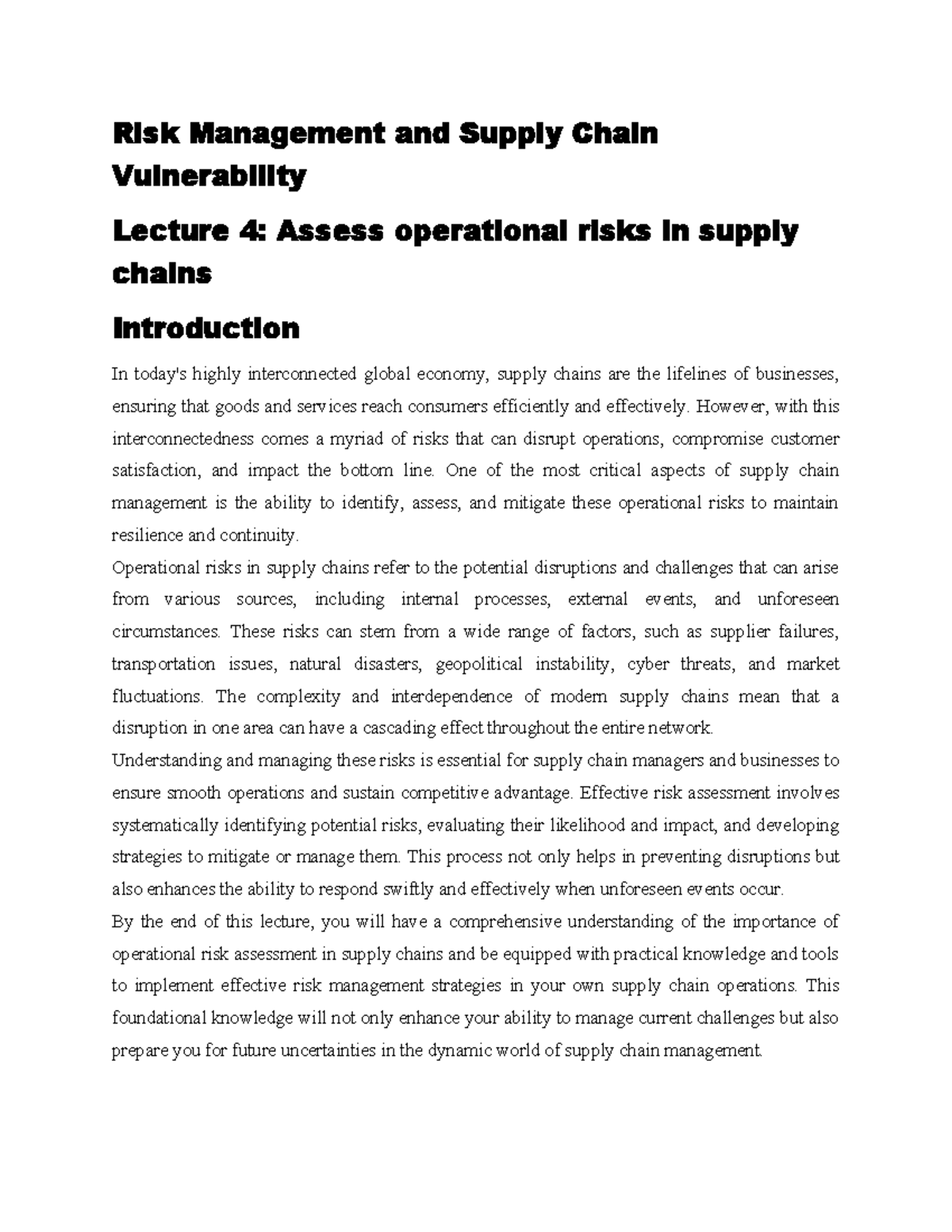 Lecture 4: Operational Risk Assessment in Supply Chains - Studocu