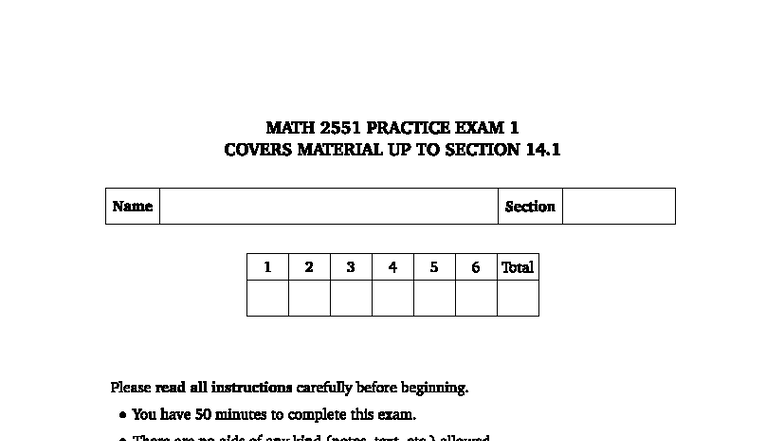 MATH 2551 MIDTERM 1 PRACTICE EXAM: SECTIONS 1-14.1 - Studocu