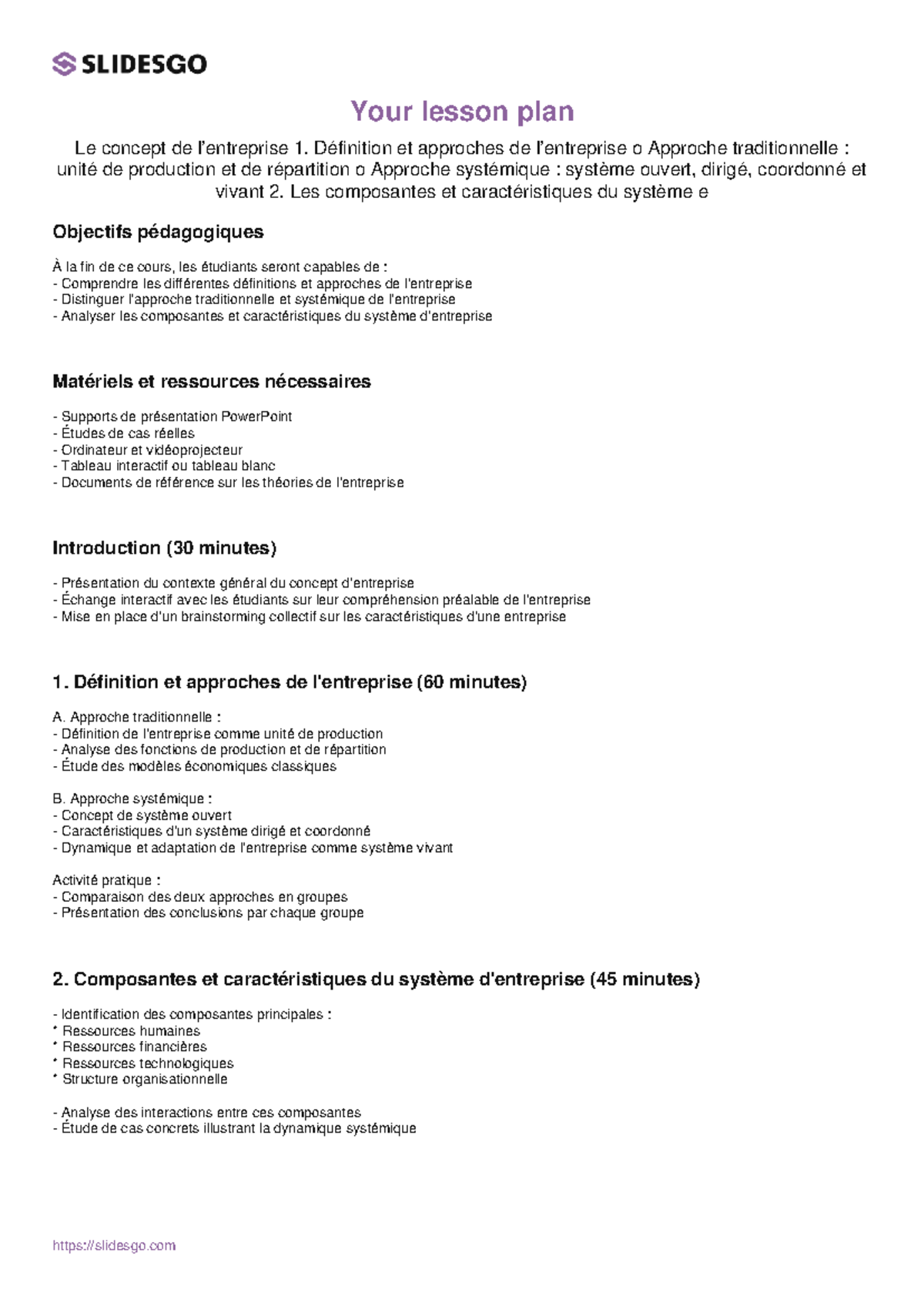 Plan de leçon : Approches Traditionnelle et Systémique du Système - Studocu