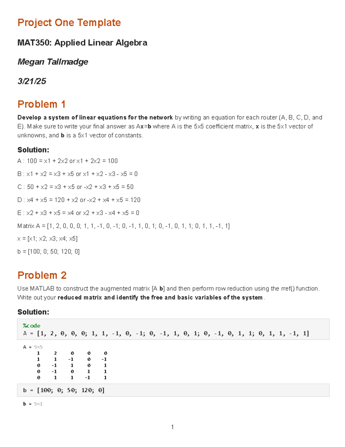 Project One Template MAT350: Linear Equations & MATLAB Solutions - Studocu