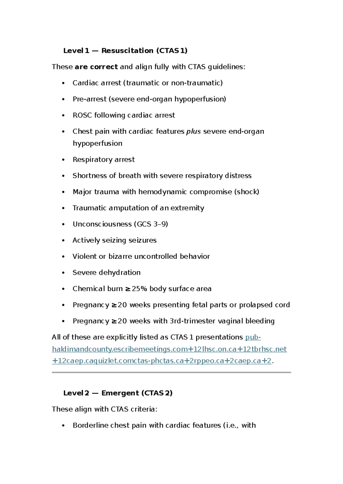 CTAS Guidelines: Level 1 & 2 Resuscitation Criteria - Studocu