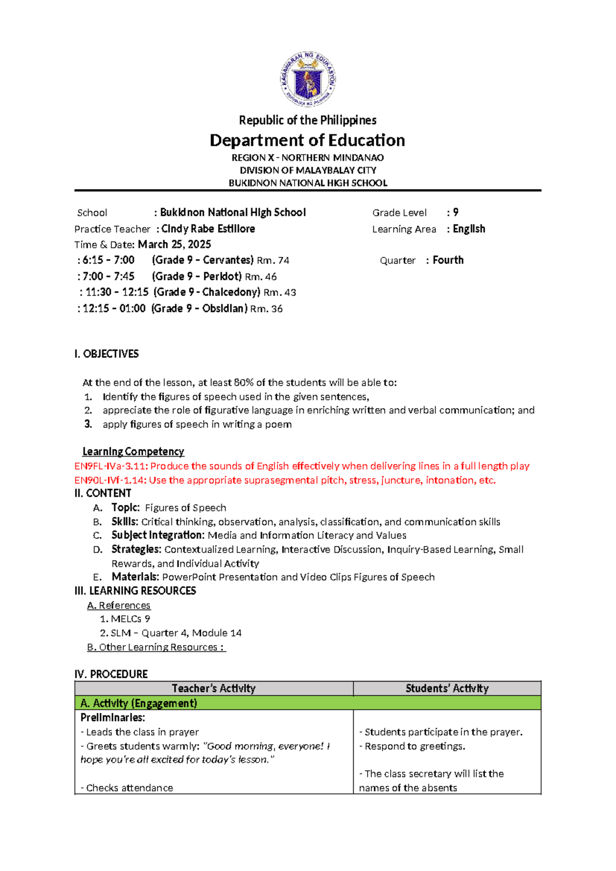 Figures of Speech Lesson Plan for Grade 9 English (Quarter 4) - Studocu