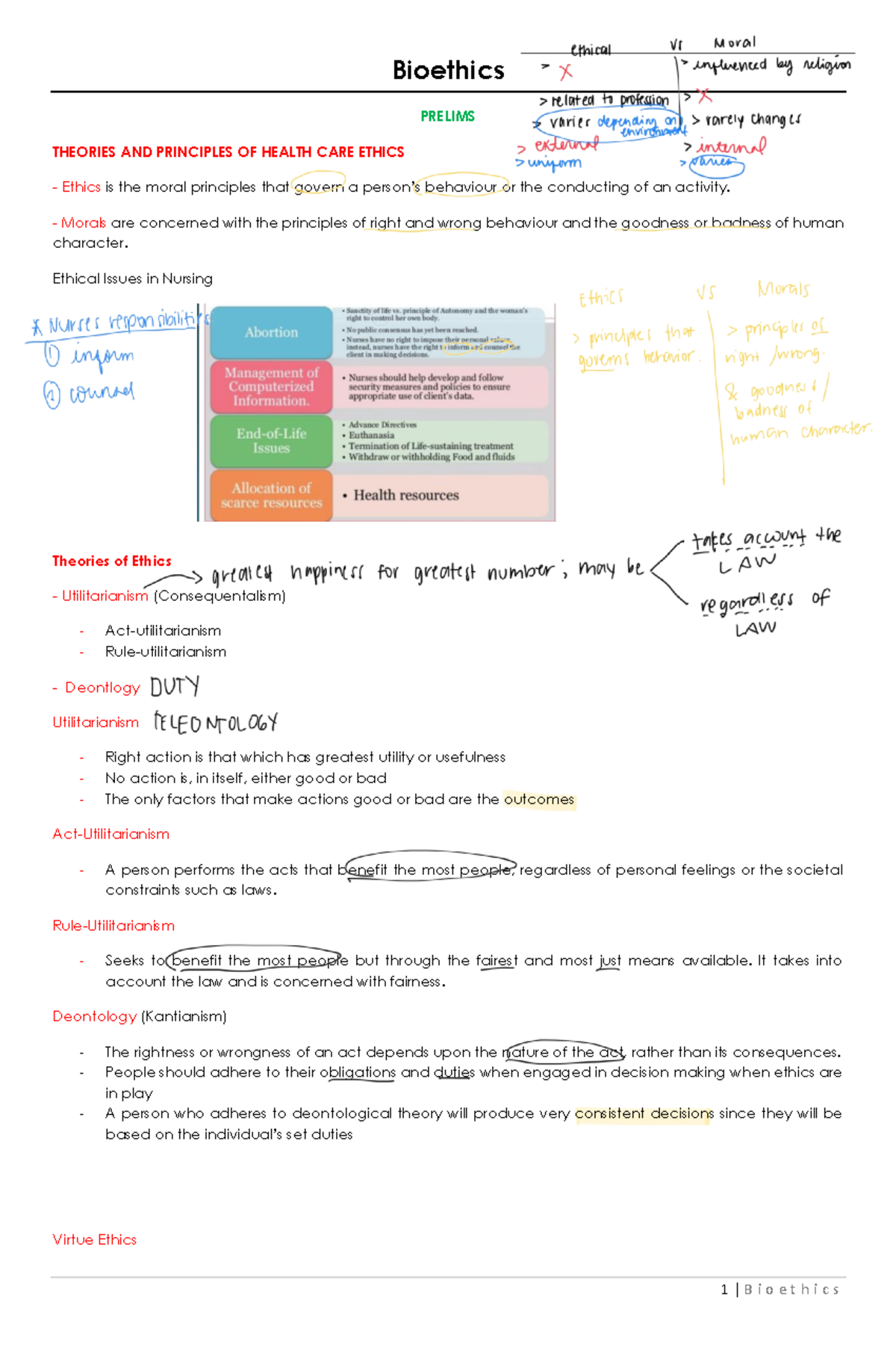 Bioethics Ethics Theories & Principles for Nursing (Course Code: NUR ...