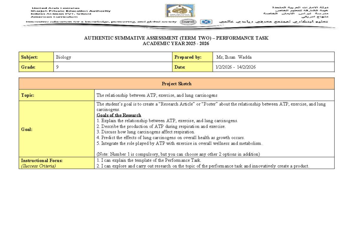 G9 Biology Performance Task: ATP, Exercise & Lung Carcinogens - Studocu