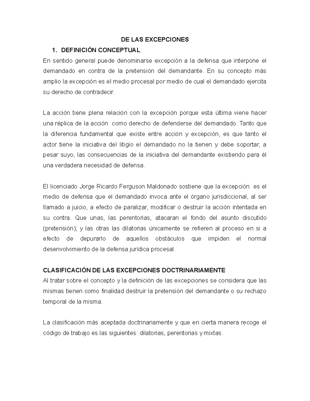 Excepciones Laborales: Conceptos y Clases en el Proceso Judicial - Document Preview