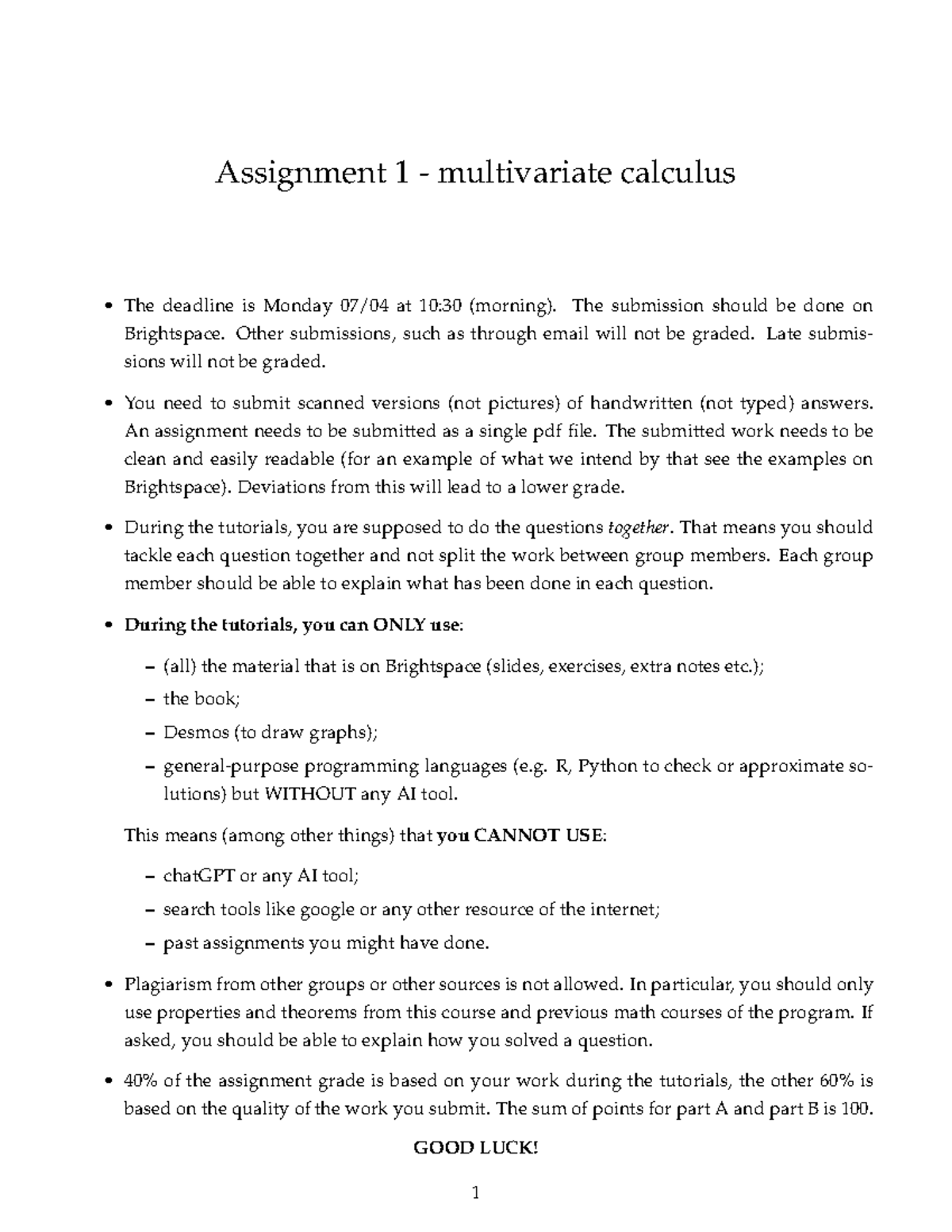 Assignment 1: Multivariate Calculus (Part A & B) - Studeersnel