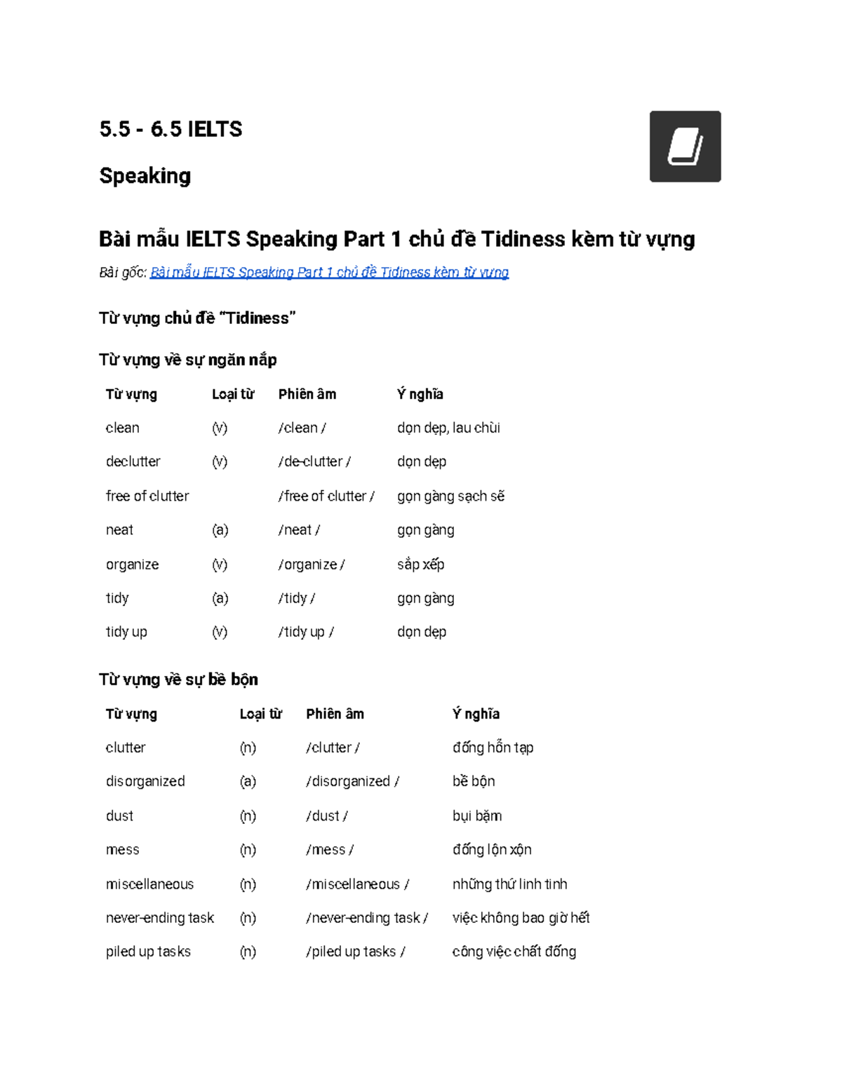 Bài mẫu IELTS Speaking Part 1: Chủ đề Tidiness và Từ vựng 2024 - Studocu