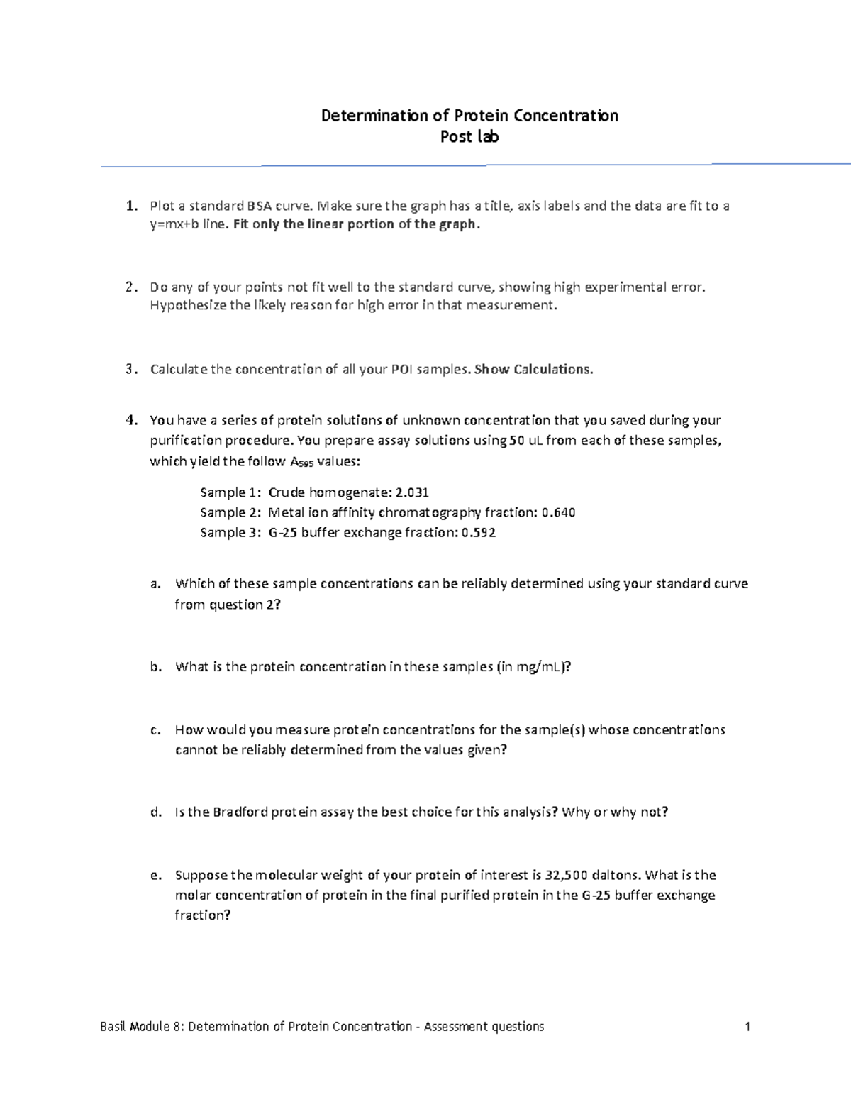 Basil Module 8: Post Lab Report on Protein Concentration Determination ...
