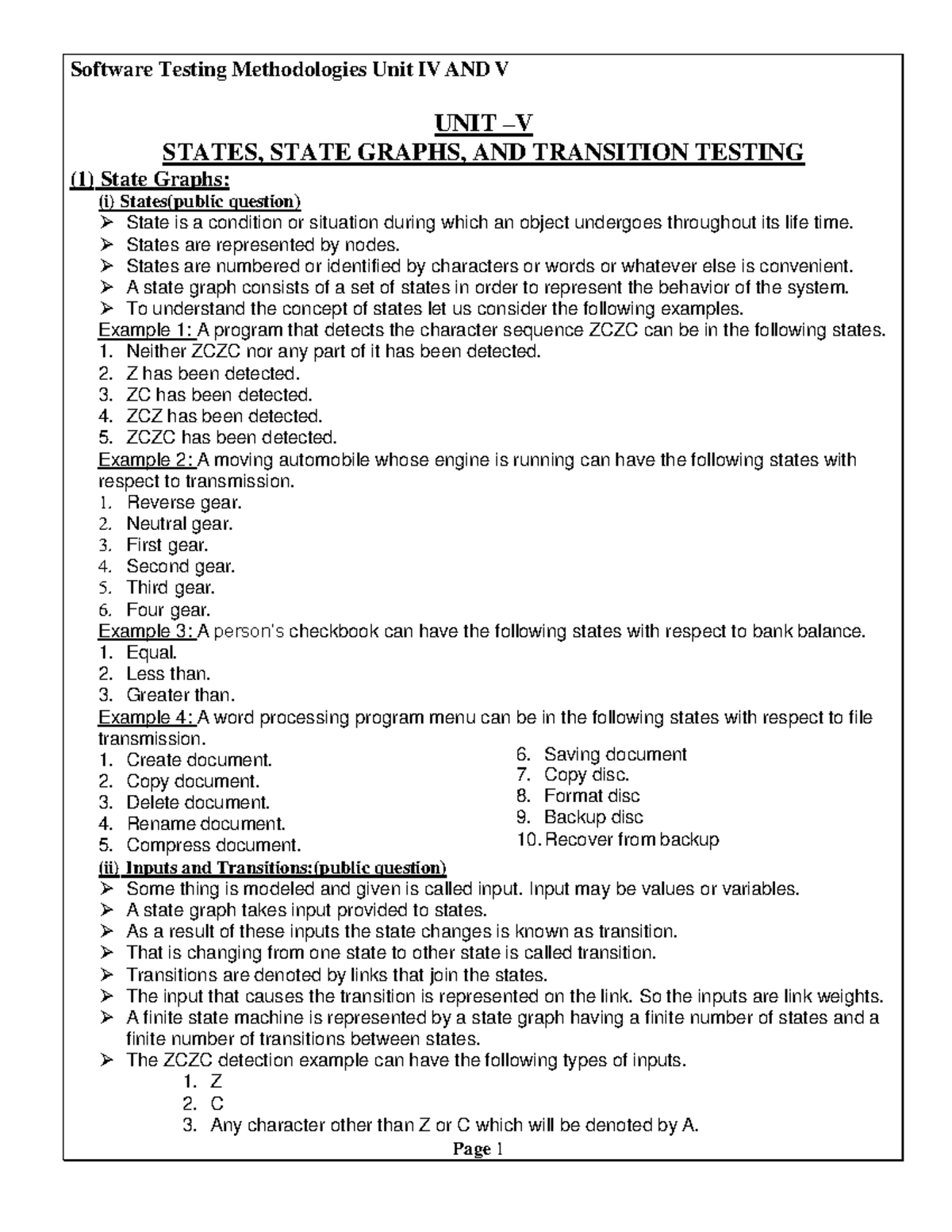 Software Testing Methodologies STM-UNIT IV & V: State Graphs ...