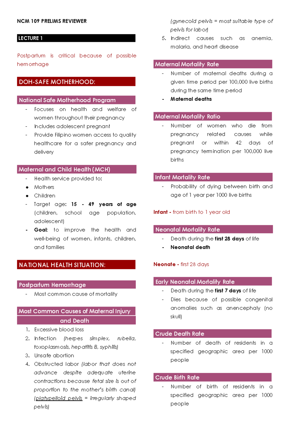 NCM 109 Prelims Reviewer: Maternal Health and Complications Overview ...