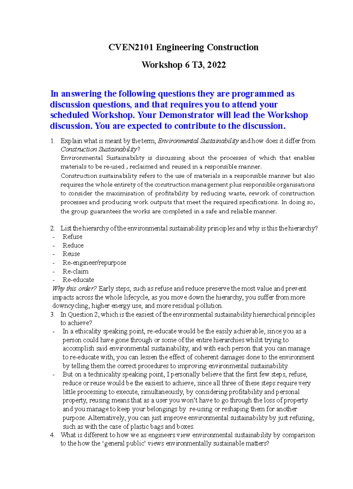 CVEN2101 Engineering Construction Workshop 6: Environmental ...