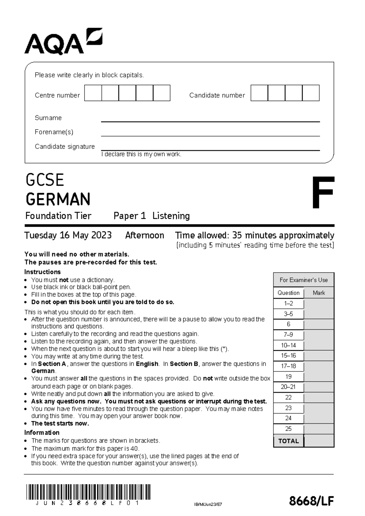 GCSE GERMAN F Paper 1 Listening Exam - May 2023 - Studocu