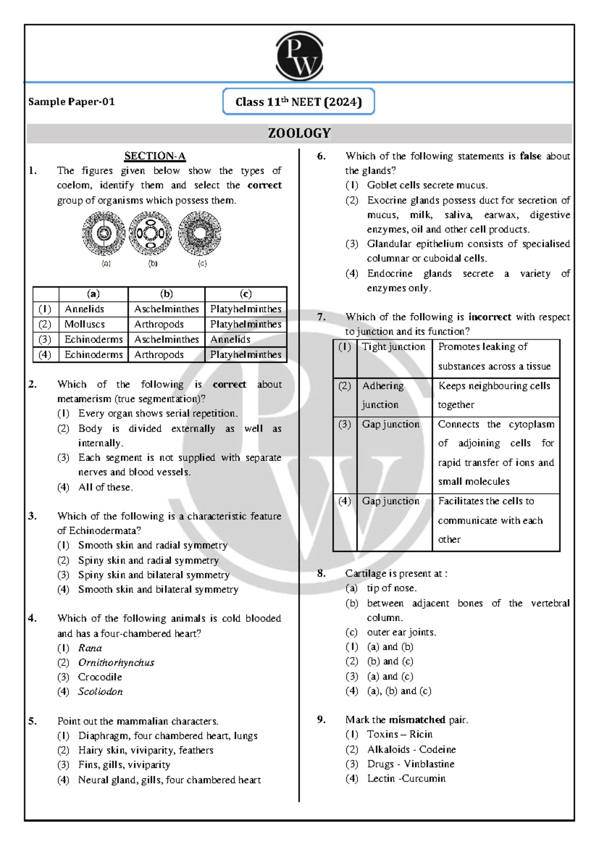 Class 11 NEET (2024) Zoology Sample Questions and Answers - Studocu