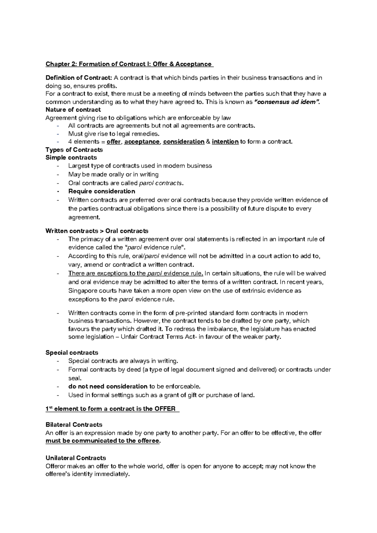 Chapter 2: Formation of Contract I - Business Law Lecture Notes - Studocu