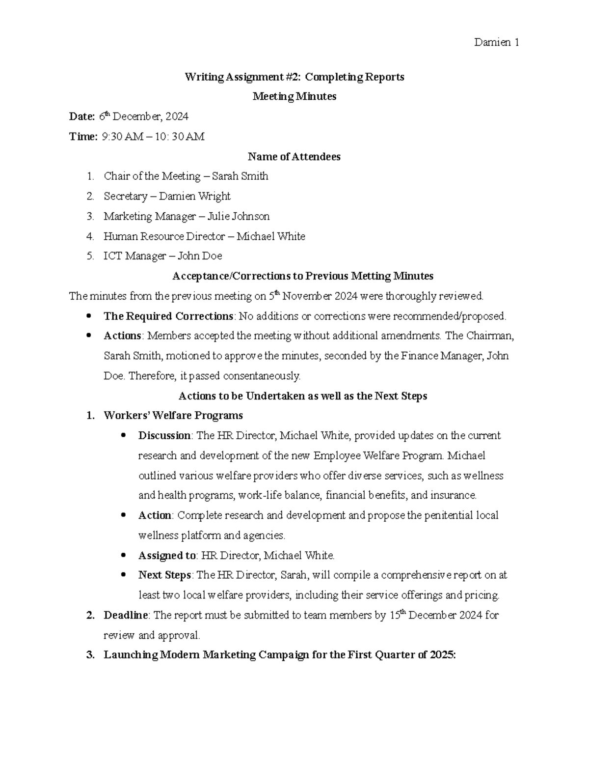Completing Reports - Assignment - Damien 1 Writing Assignment #2 ...