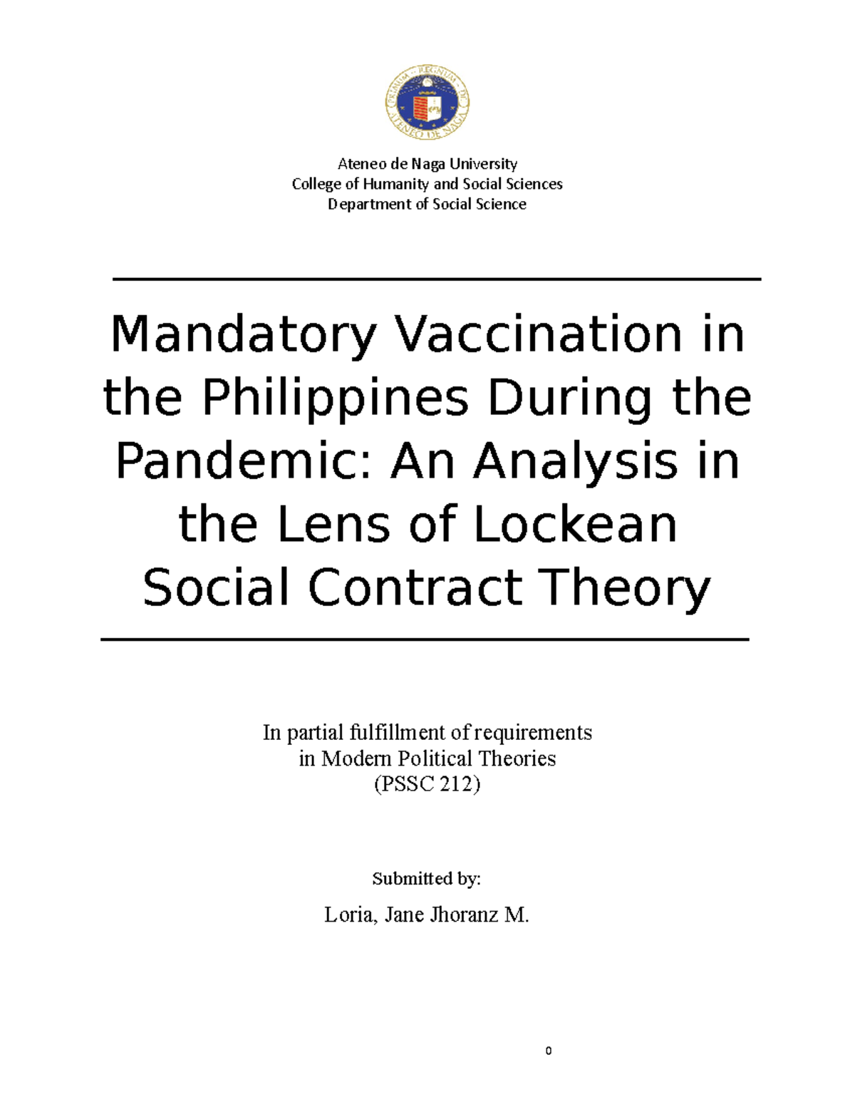PSSC 212: Mandatory Vaccination and Lockean Social Contract Analysis ...