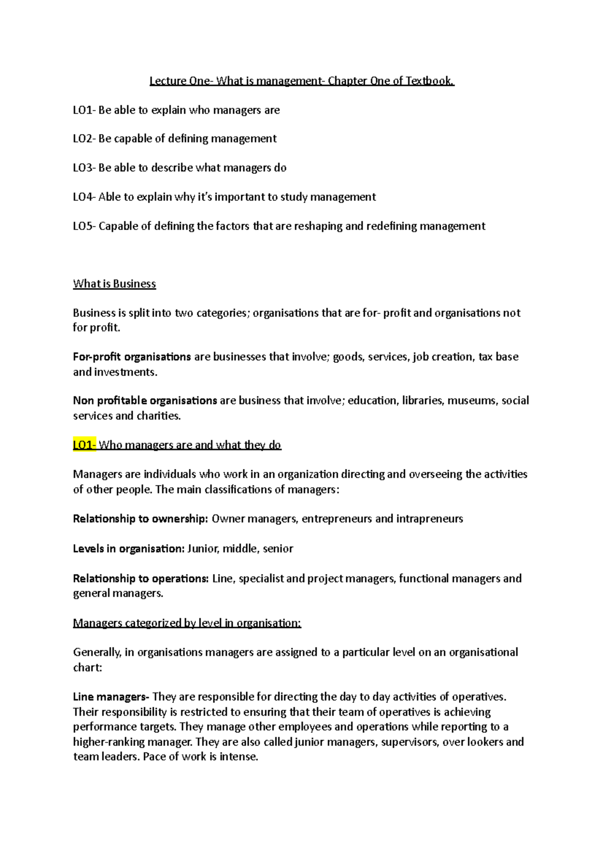 Lecture 1 management notes - Lecture One- What is management- Chapter ...