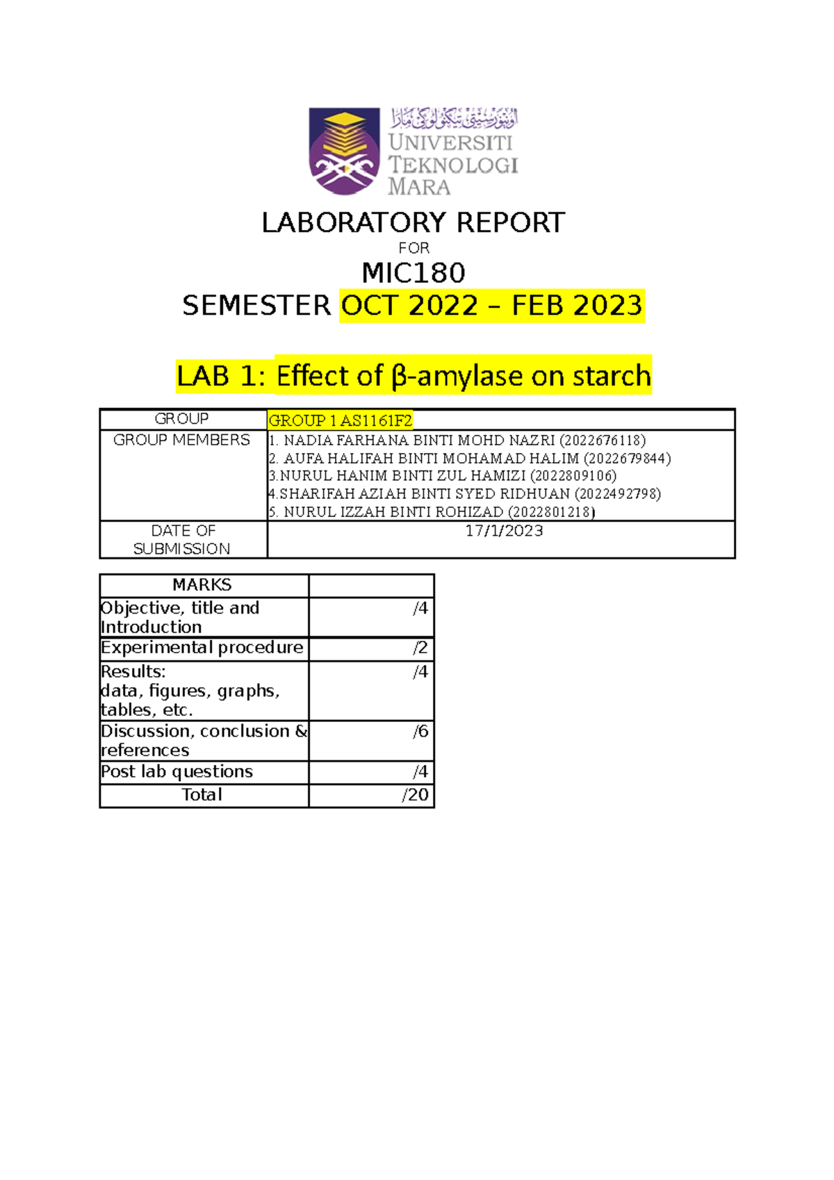 LAB Report 1 MIC180 - LABORATORY REPORT FOR MIC SEMESTER OCT 2022 – FEB ...