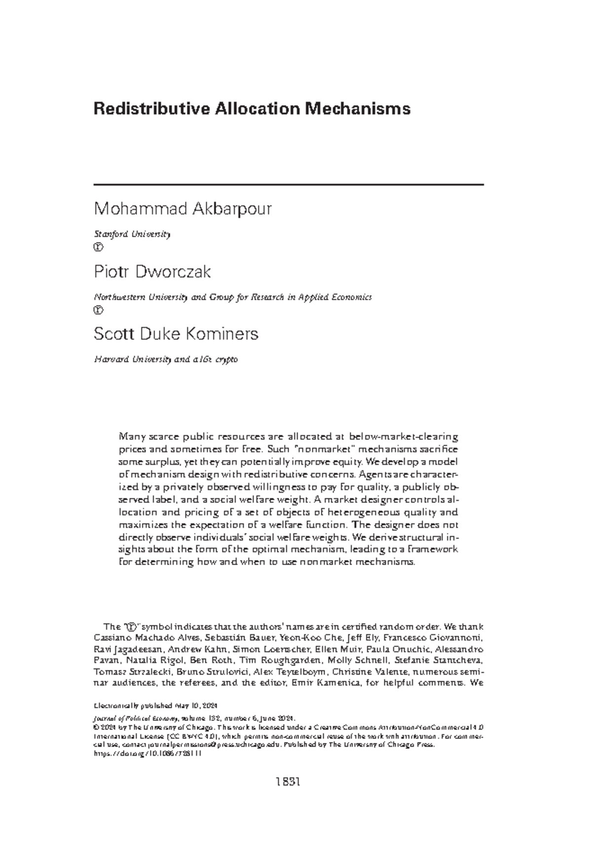 Redistributive Allocation Mechanisms: Insights into Nonmarket Designs ...