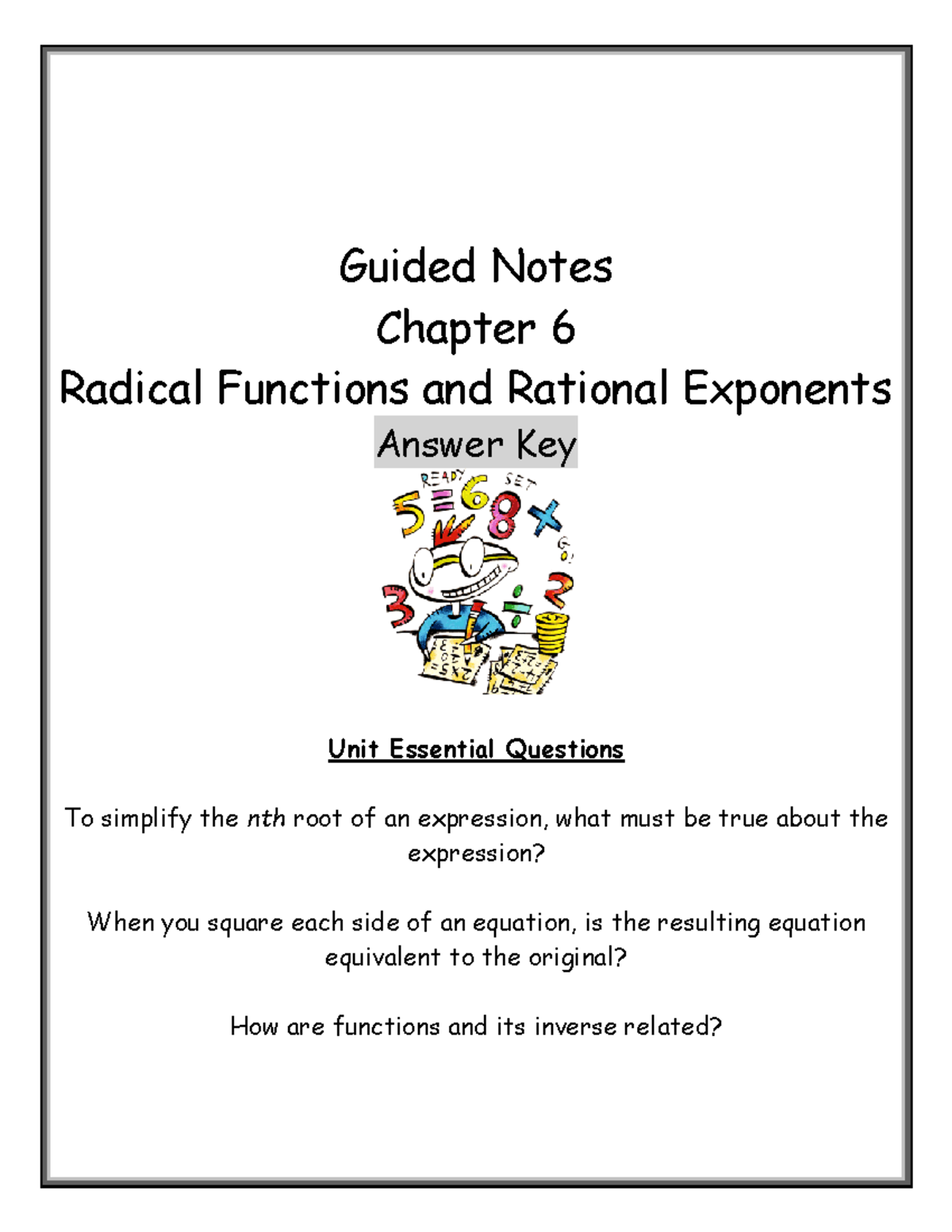 Radical Functions & Rational Expressions - Guided Notes Answer Key ...