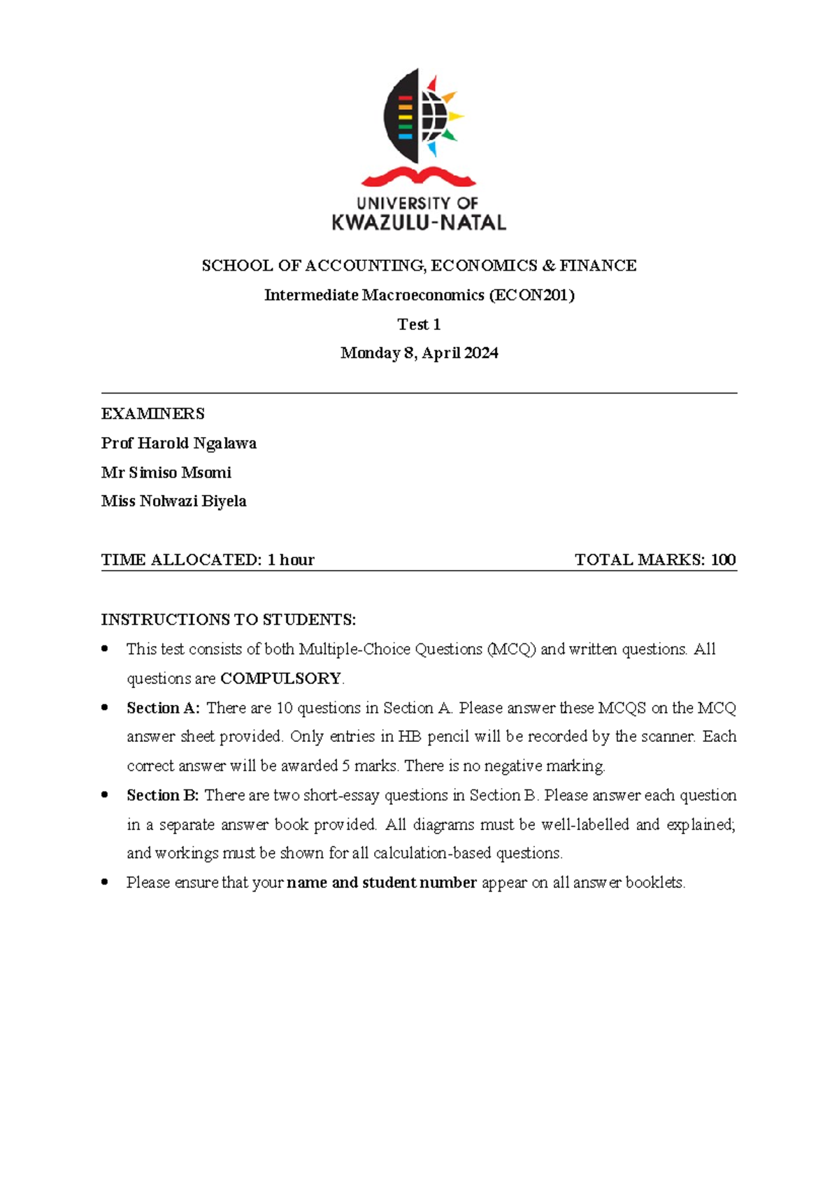 Test 1 2024 - Test 1 - SCHOOL OF ACCOUNTING, ECONOMICS & FINANCE ...