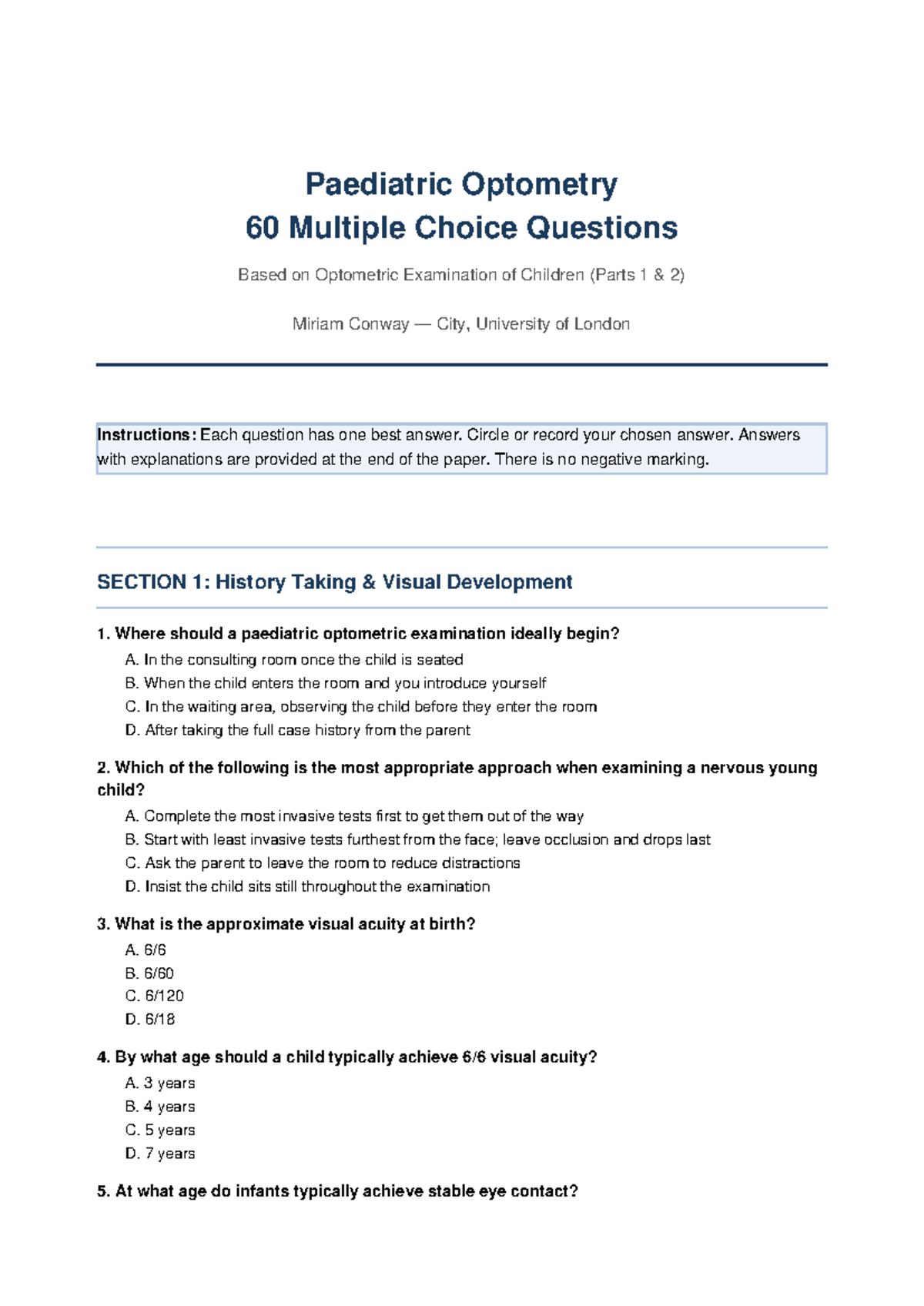 Paediatric Optometry MCQ: 60 Questions on Child Eye Exams - Studocu