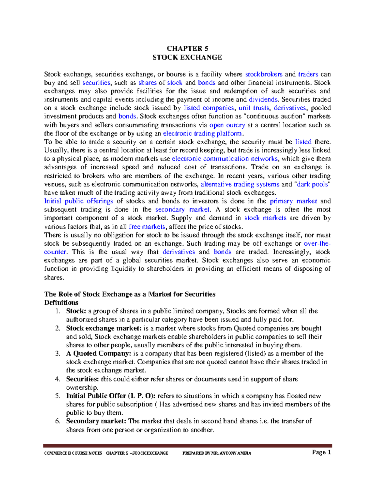 COMMERCE II COURSE NOTES: CHAPTER 5 - STOCK EXCHANGE OVERVIEW - Studocu