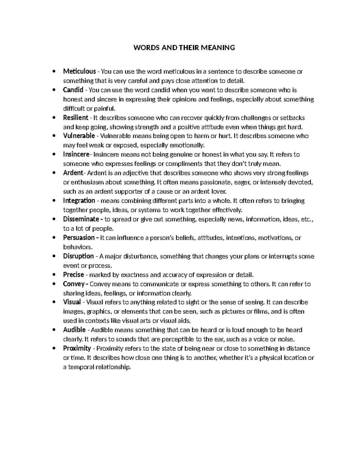 Words and Their Meanings: Vocabulary List for Study Guide - Studocu