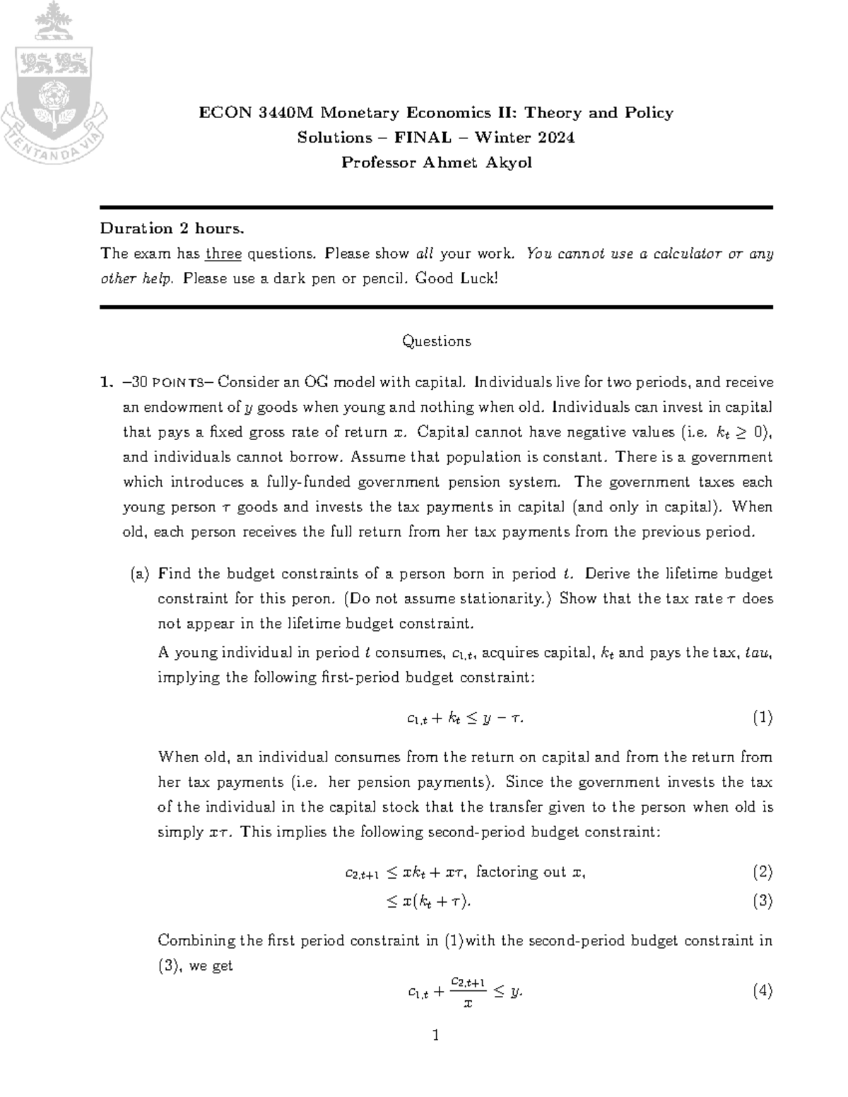 ECON 3440M Winter 2024 Final Exam Solutions: Monetary Economics II ...