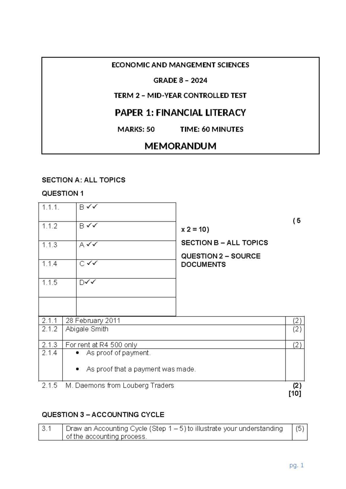 Grade 8 - 2024 - Term 2 - Mid-Year Controlled Test Memo - Paper 1 - Studocu