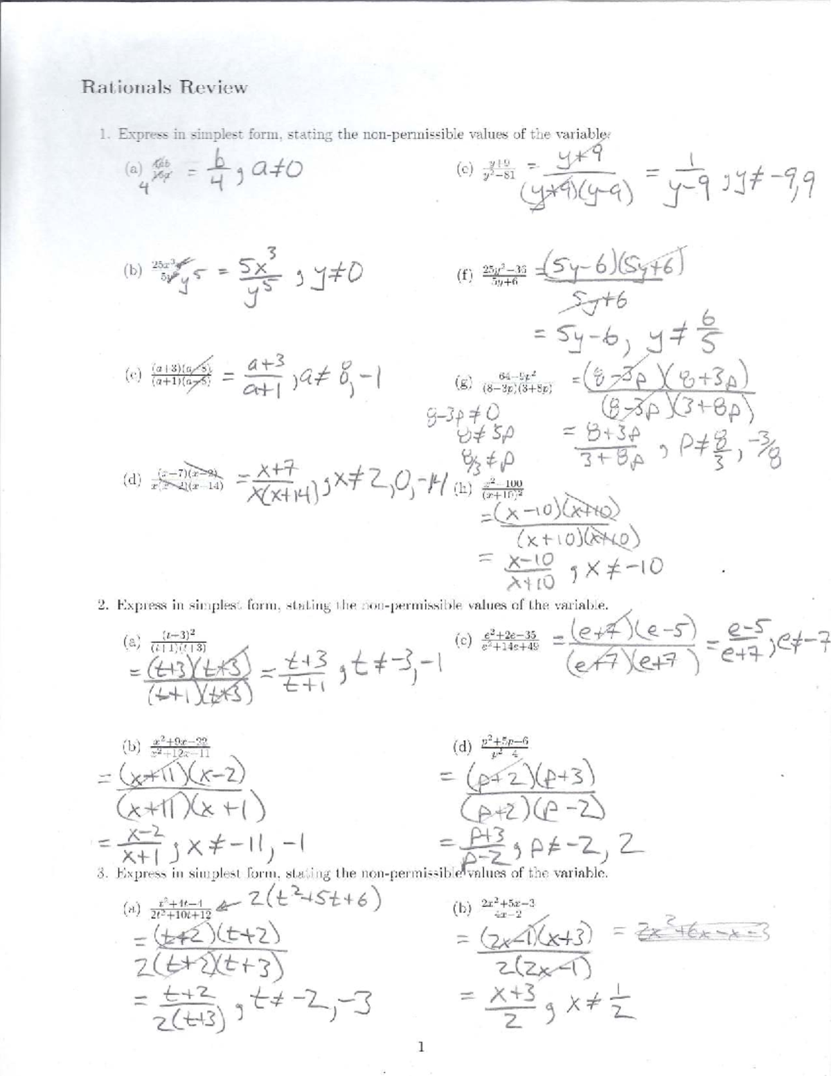 Math 20-1 Rationals Review Solutions: Simplifying Expressions and ...
