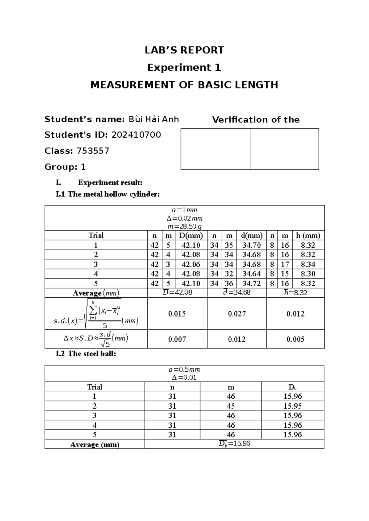 Lab Report 753557: Measurement of Basic Length - Experiment 1 - Studocu