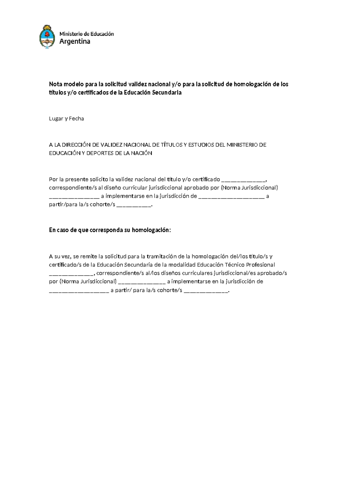 Modelo de Solicitud de Validez Nacional de Títulos - Educación ...
