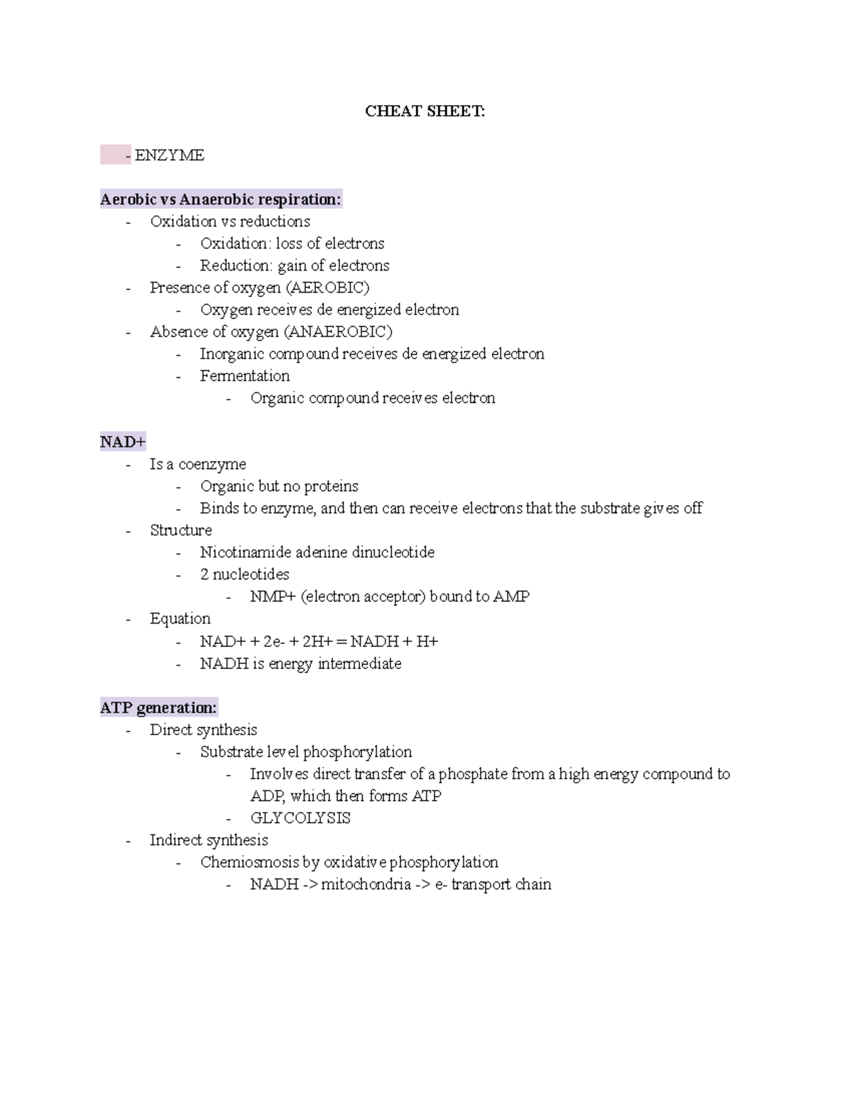 Cell Exam 2 - Comprehensive Cheat Sheet on Cellular Respiration - Studocu