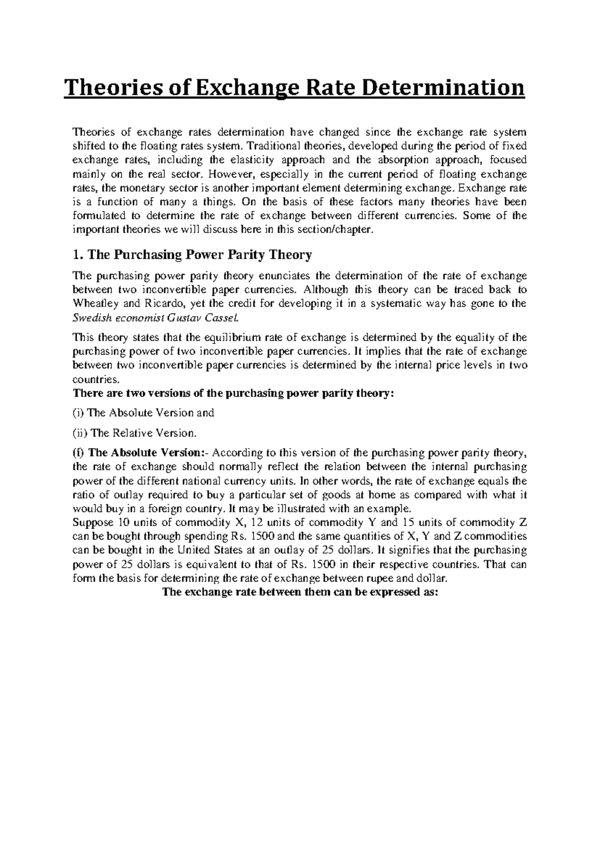 Exchange Rate Determination Theories: Notes on Economic Insights - Studocu