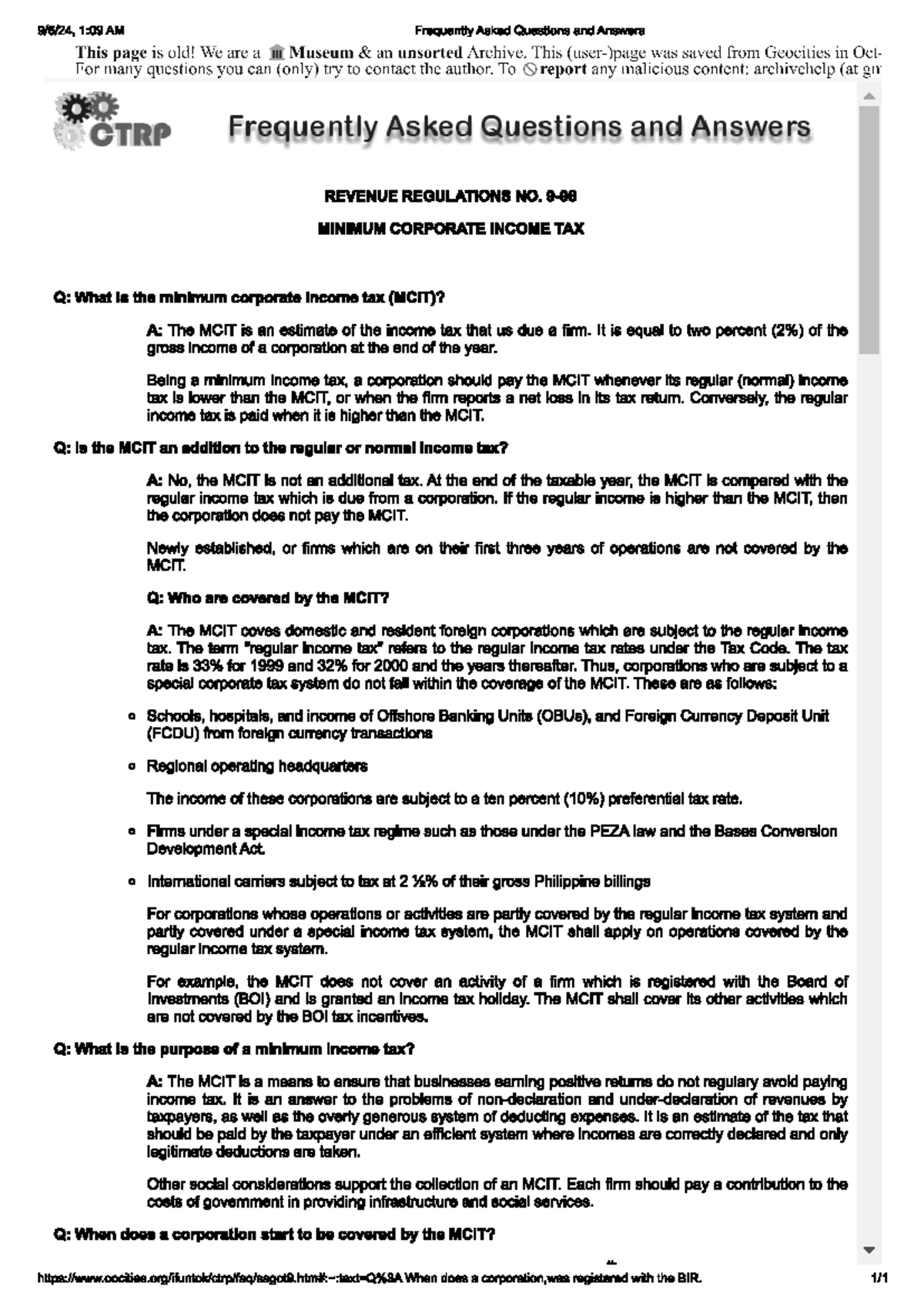 MCIT FAQs: Understanding Minimum Corporate Income Tax Regulations - Studocu
