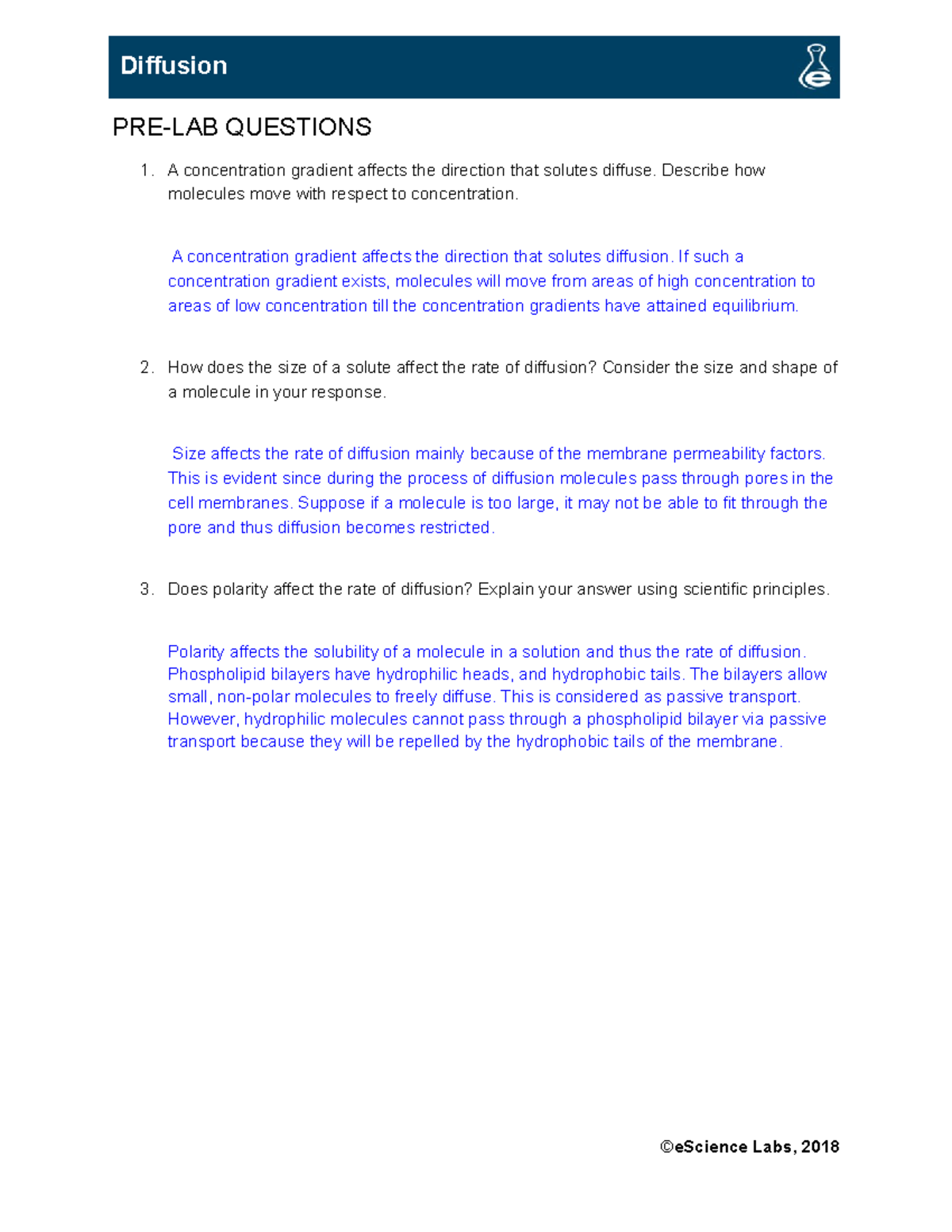 Lab 5 Diffusion - n/a - PRE-LAB QUESTIONS 1. A concentration gradient ...