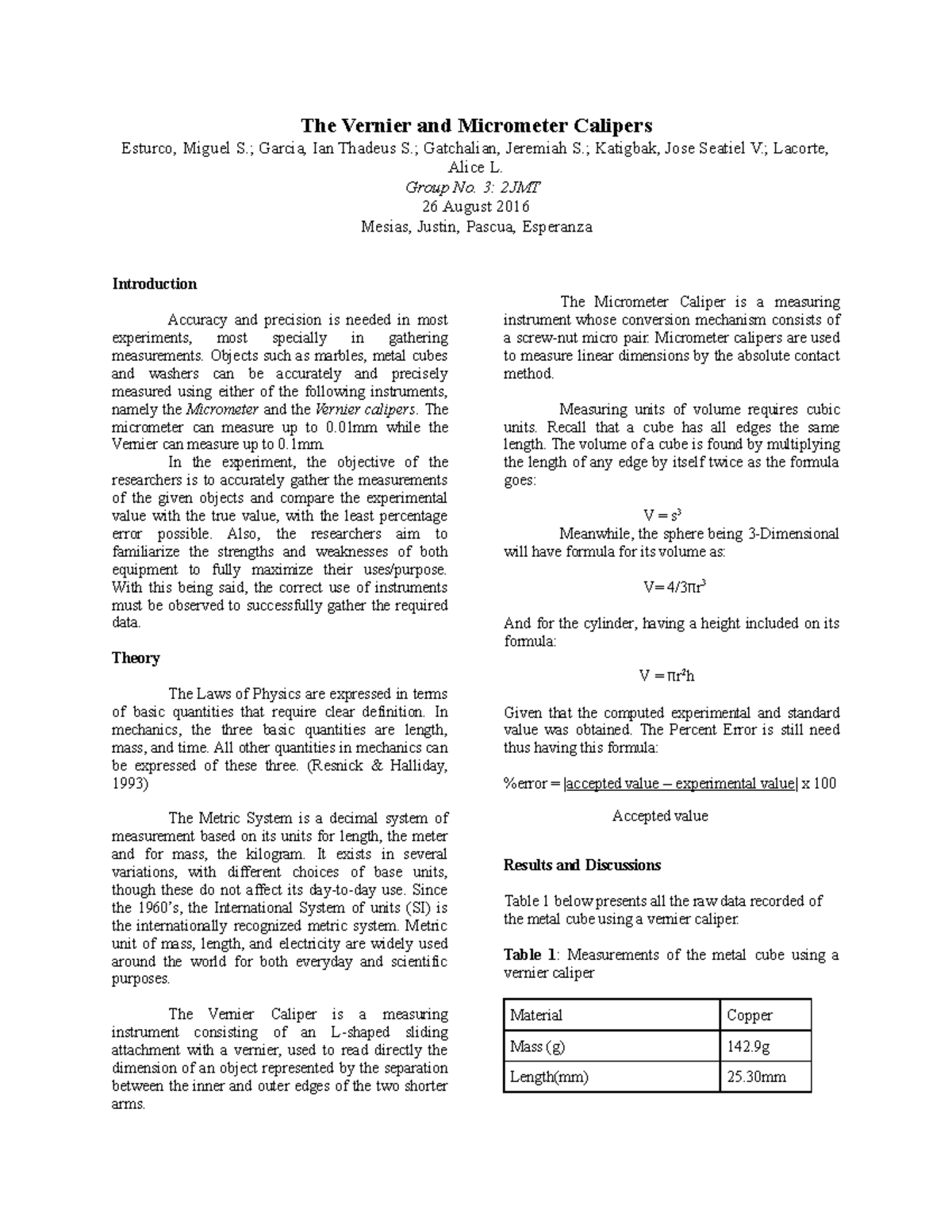 Lab Report 1: Comparing Vernier and Micrometer Scales for Accuracy ...