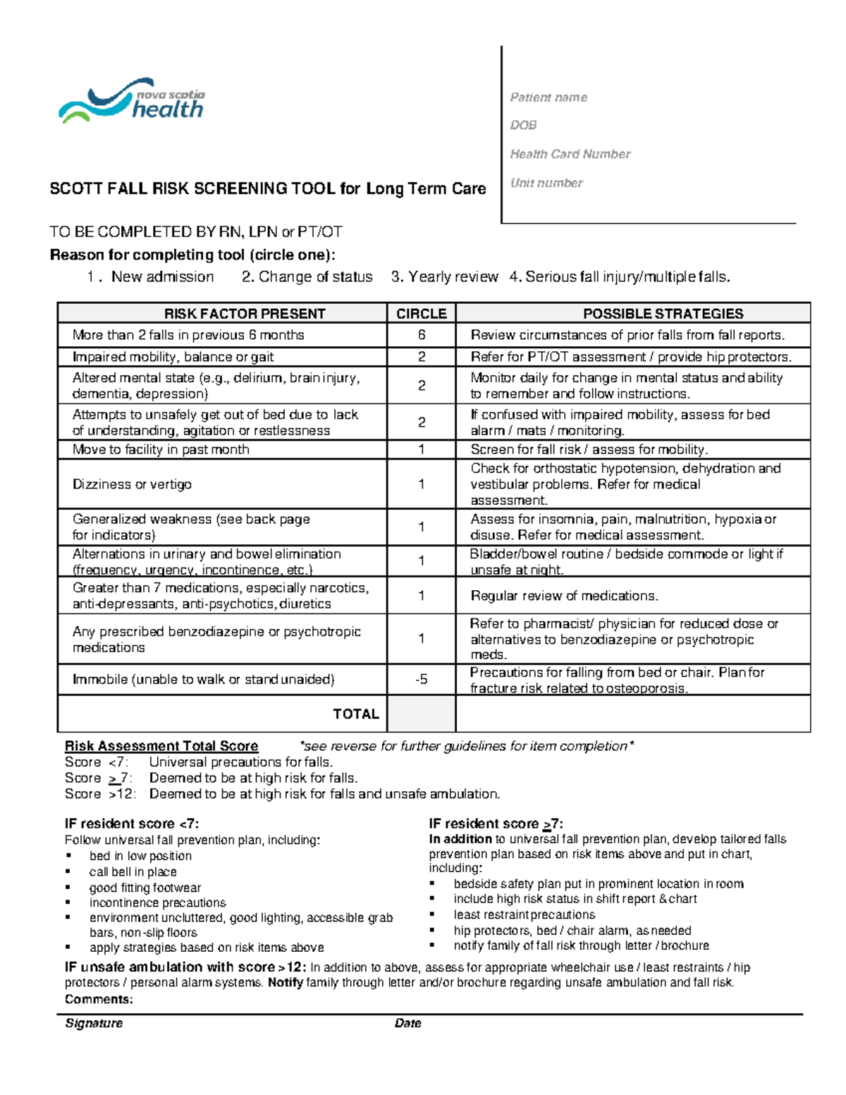 Scott Fall Risk Screening Tool (LTC) - Final Assessment Guide - Studocu