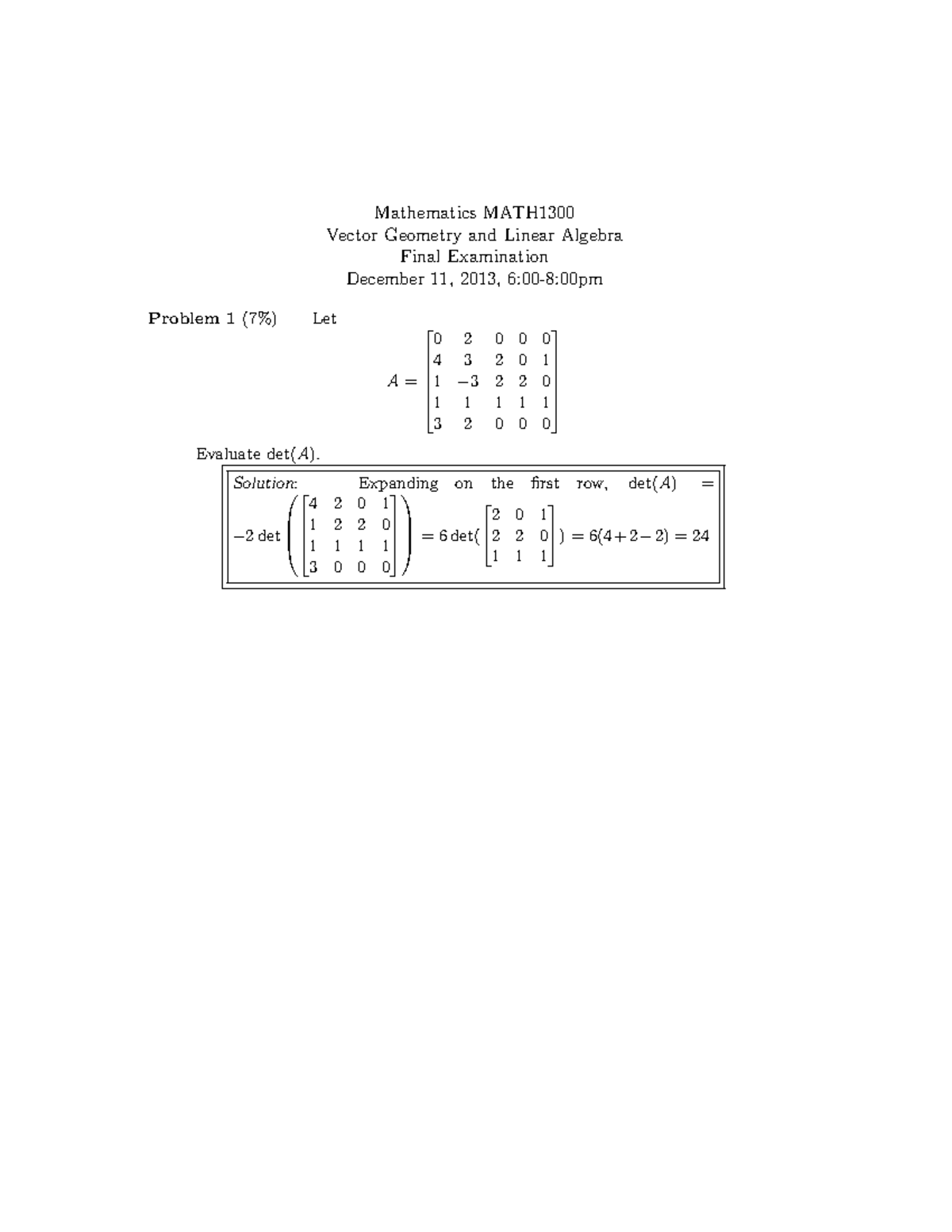 1300final - sample exam - Mathematics MATH Vector Geometry and Linear ...