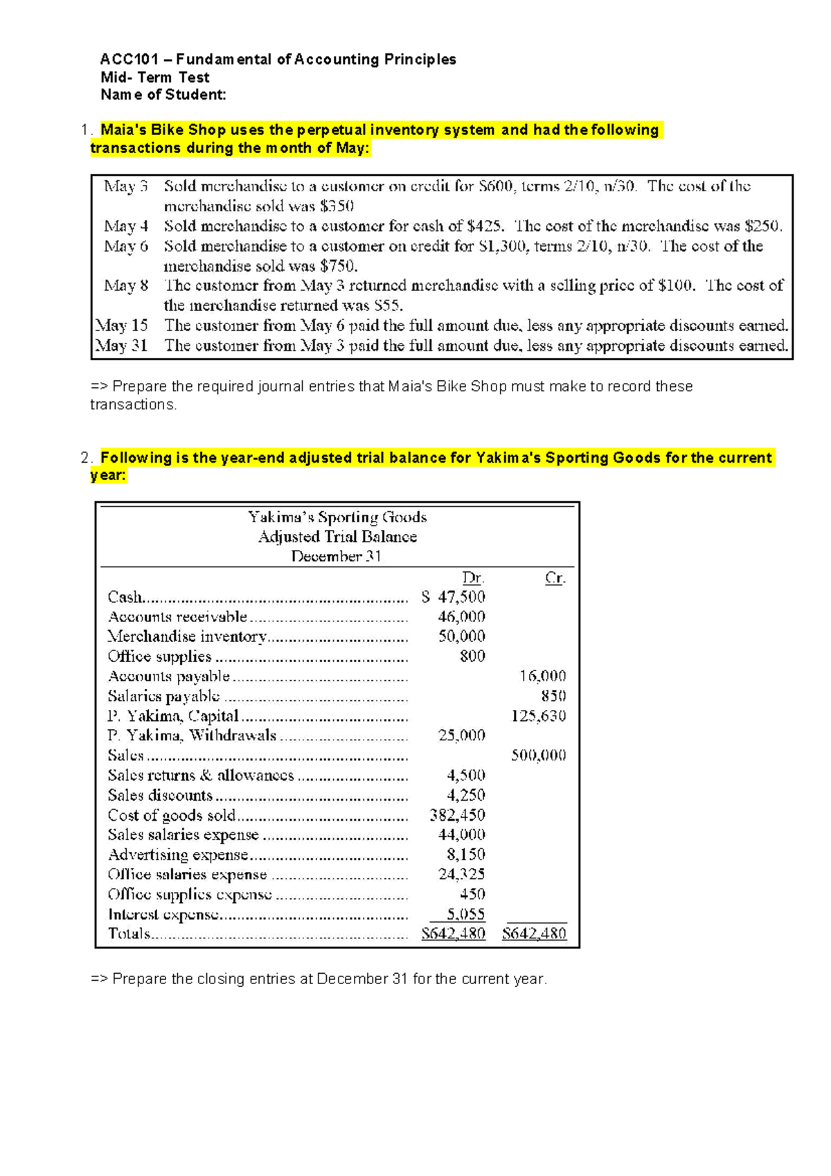 ACC101 Midterm Test: Accounting Principles Journal Entries & Statements ...