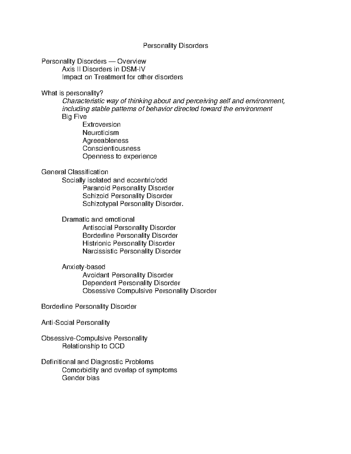 Personality Disorders Overview and Classification - Studocu
