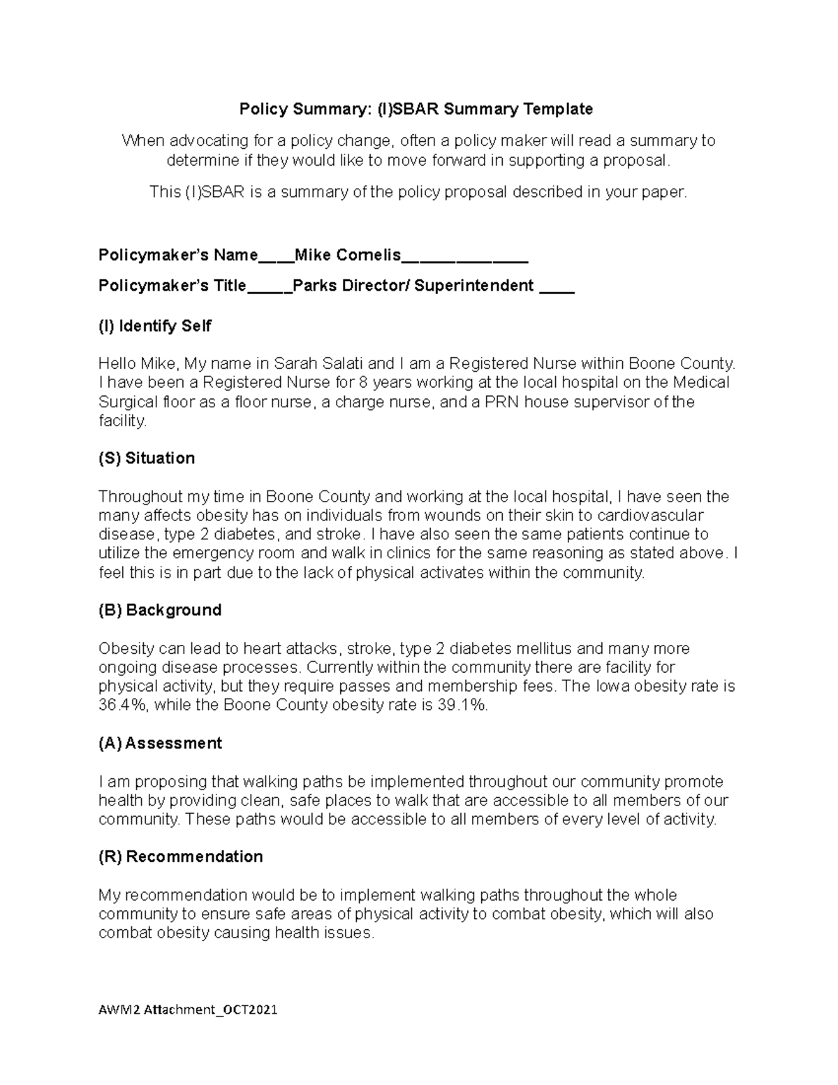 D025-(I)SBAR Policy Proposal Summary for Obesity Solutions - Studocu